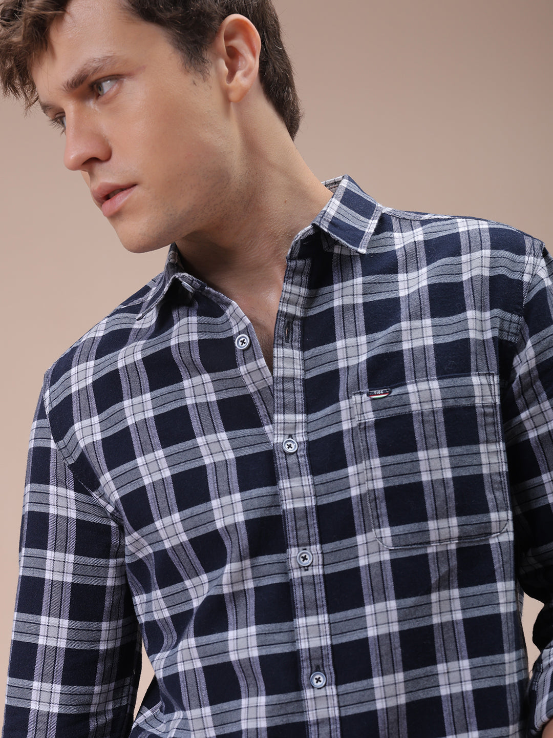 The Indian Garage Co Men's Navy Blue Slim Fit Checked Shirt