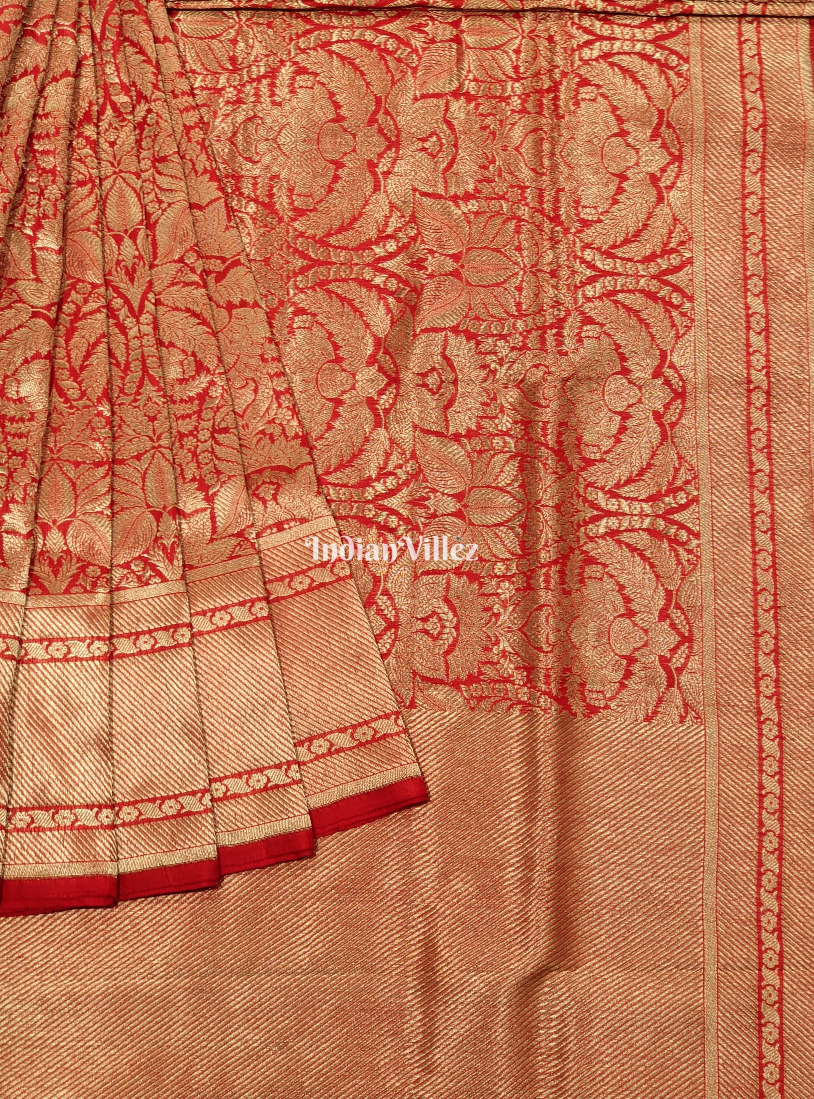 IndianVillèz Red Floral Designer Banarasi Katan Saree