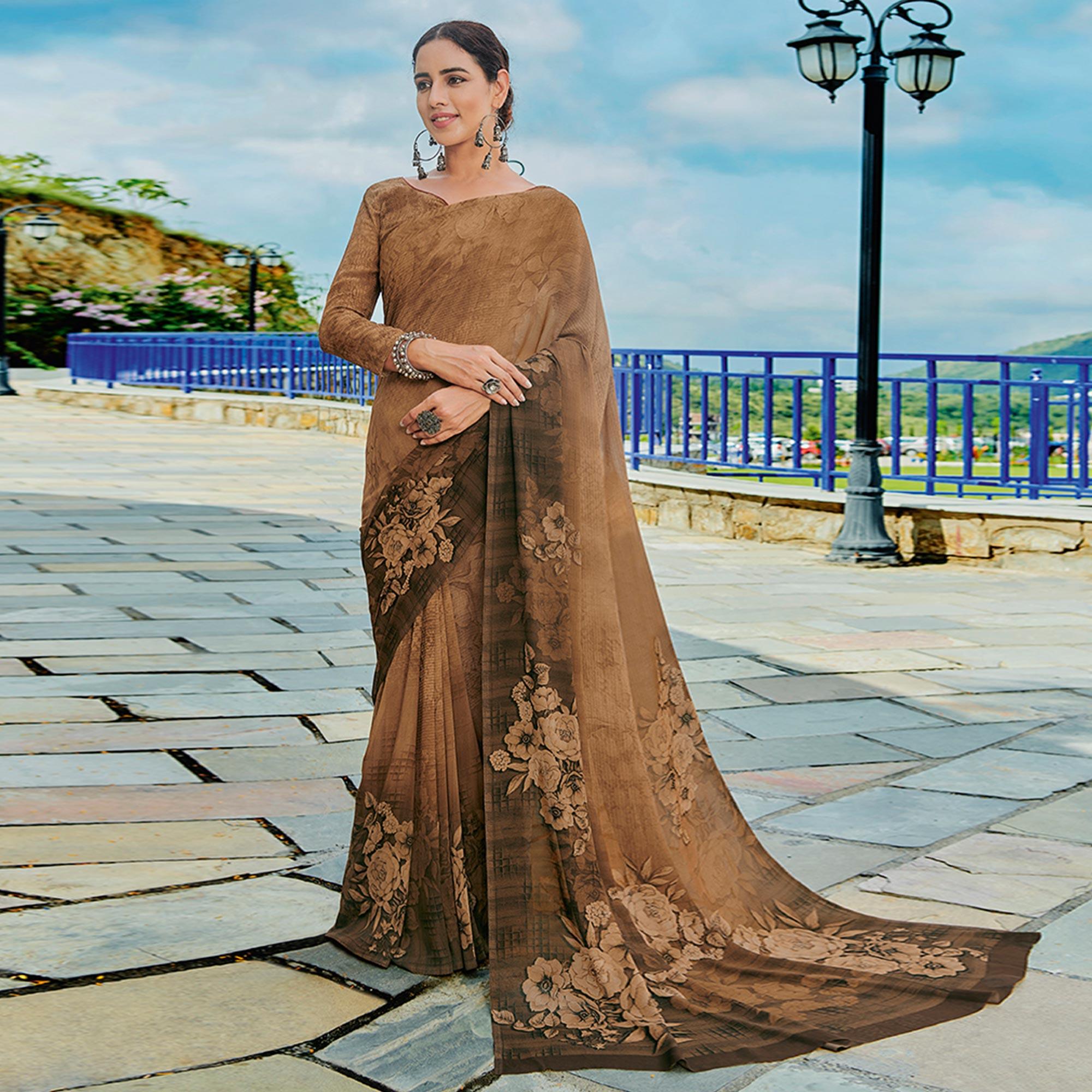 Peachmode Coffee Brown Printed Georgette Saree