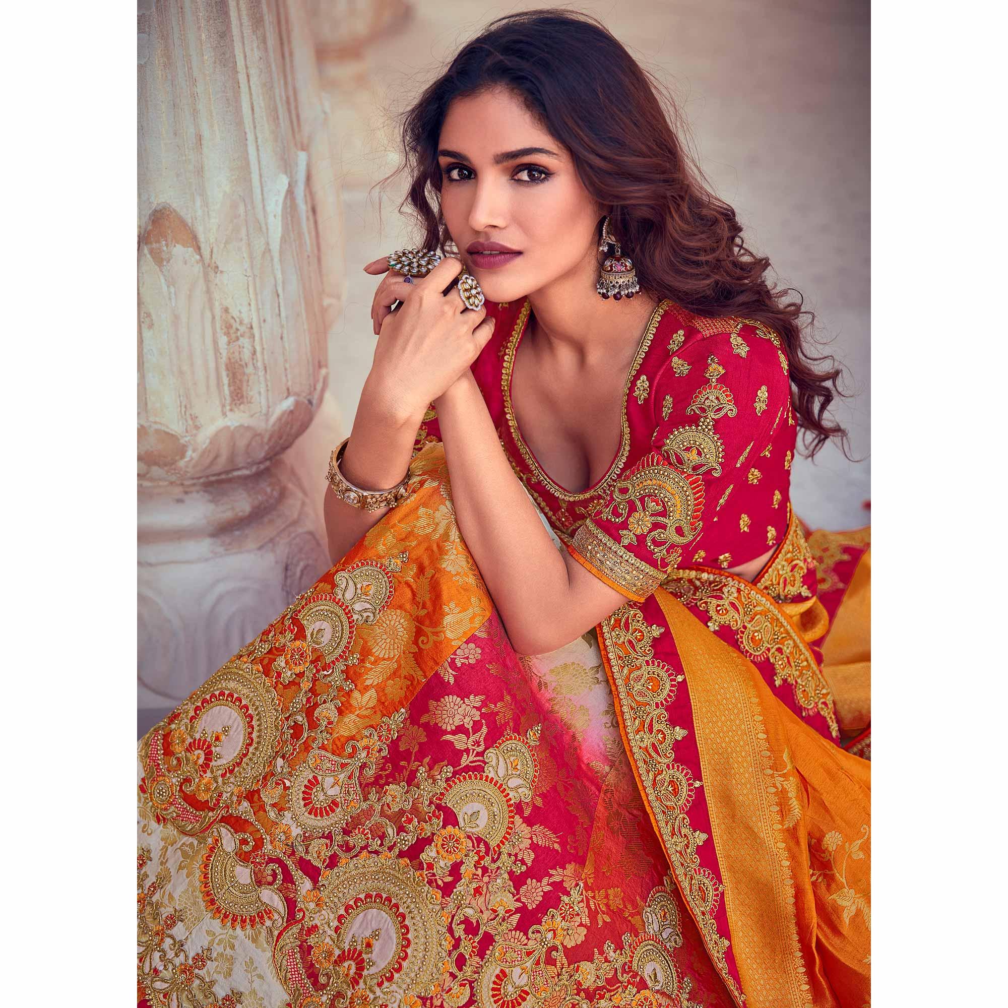 Peachmode Chiku & Orange Wedding Wear Woven & Embroidered Silk Lehenga Choli - view 3
