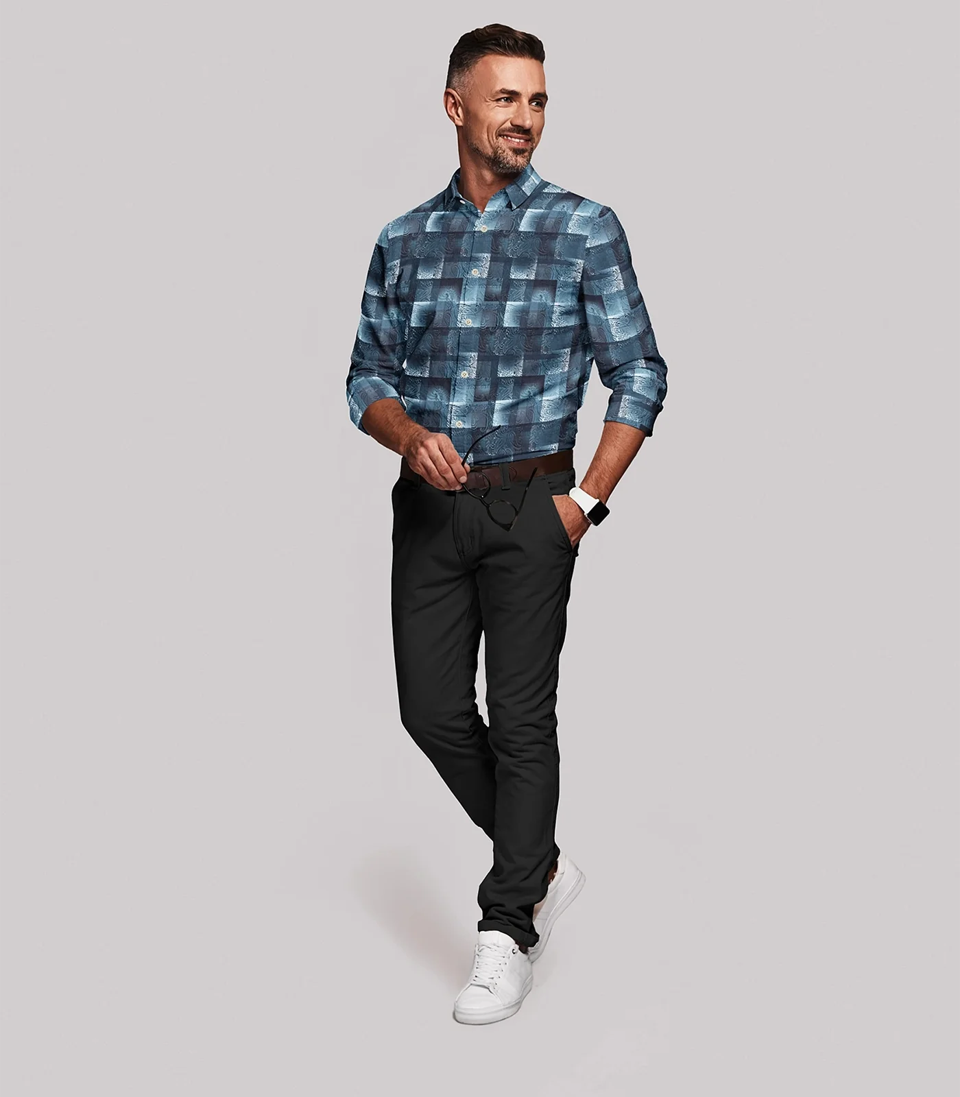 RmKV Blue Tonal Checked Paisley Printed Formal Shirt-Blue
