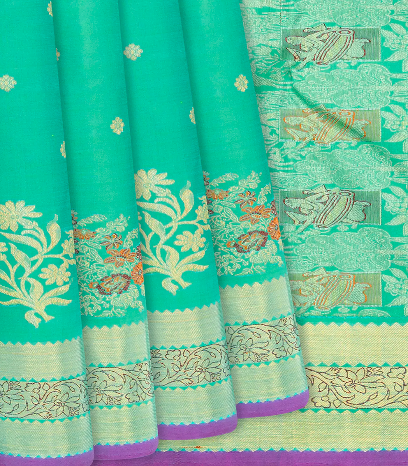 RmKV Aquamarine Handwoven Kanchipuram Silk Saree With Floral Motifs-Aquamarine