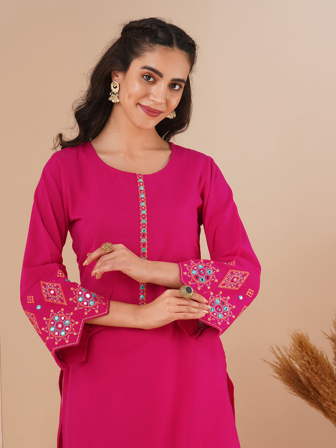 FASHOR Solid Ethnic Embroidered Straight Fit Kurta - Pink - view 2