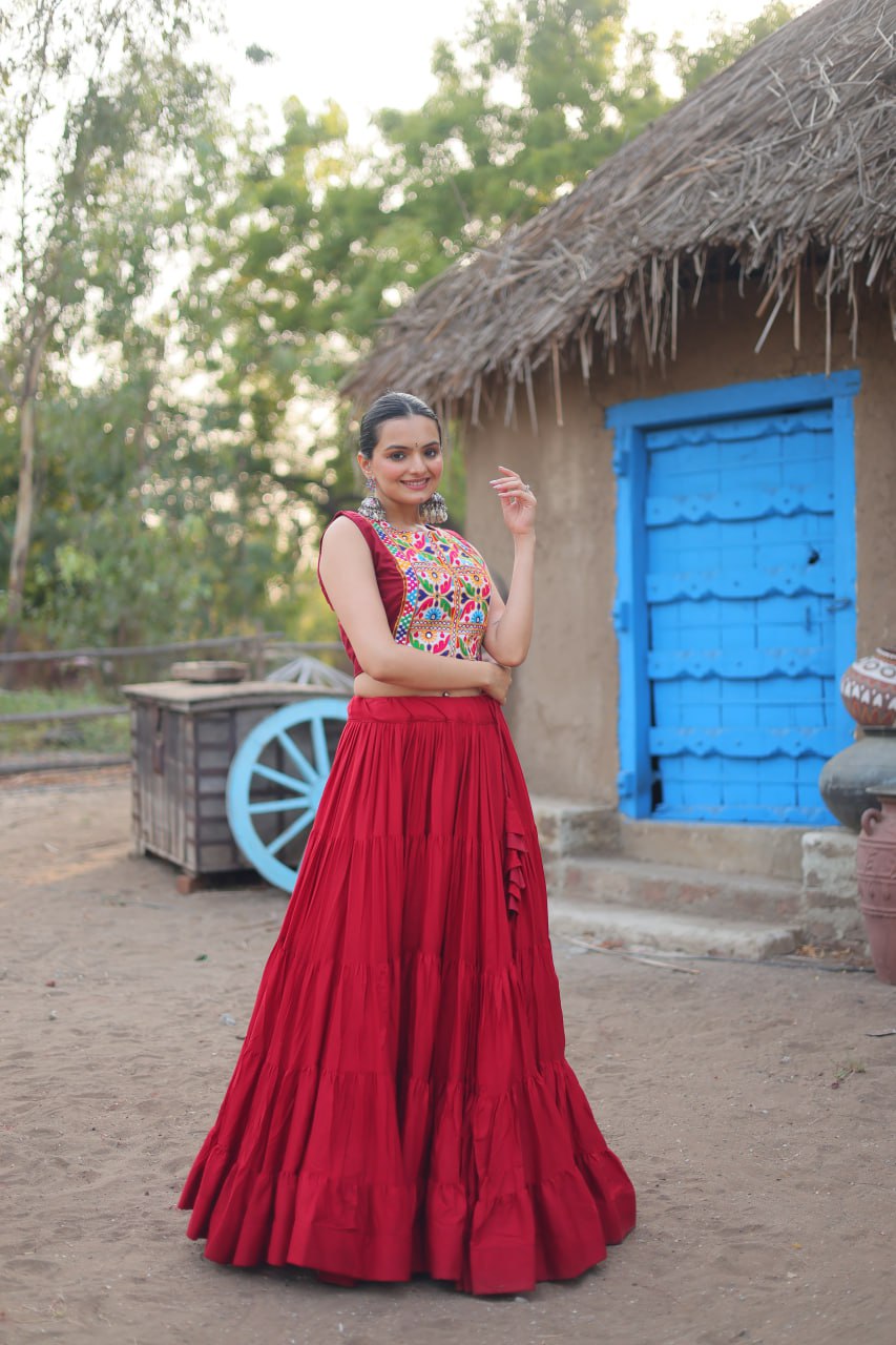 ClothsVilla Maroon Rayon Lehenga Set with Embroidered Gamthi Work