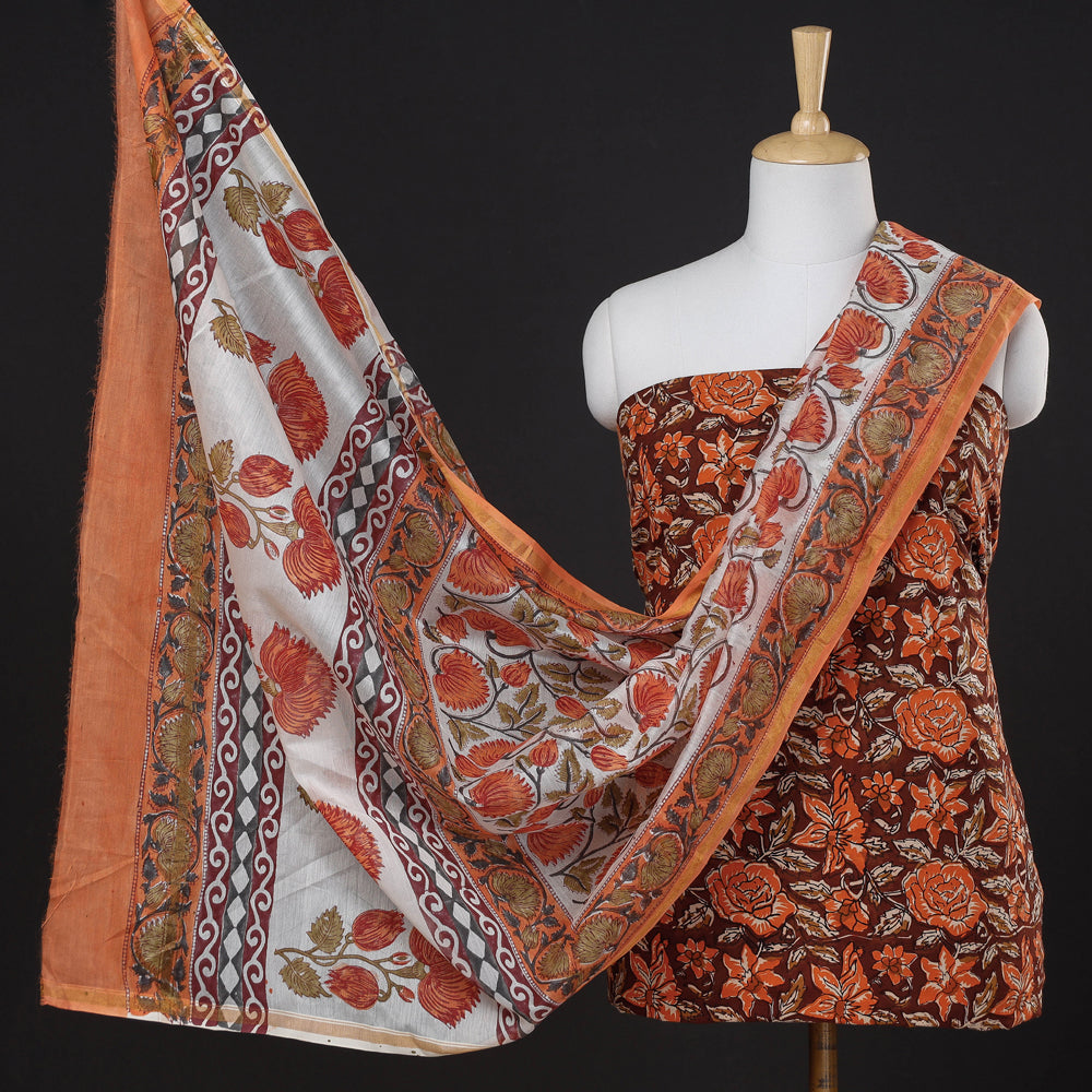ARTISAN HAND BLOCK PRINTS Brown - 3pc Sanganeri Block Printed Chanderi Silk Suit Material Set