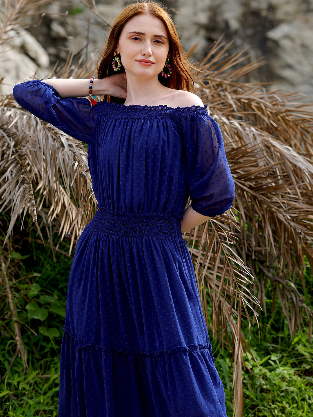 Freehand By The Indian Garage Co Women's Textured Fit and Flare Offshoulder Tiered Dress - view 3