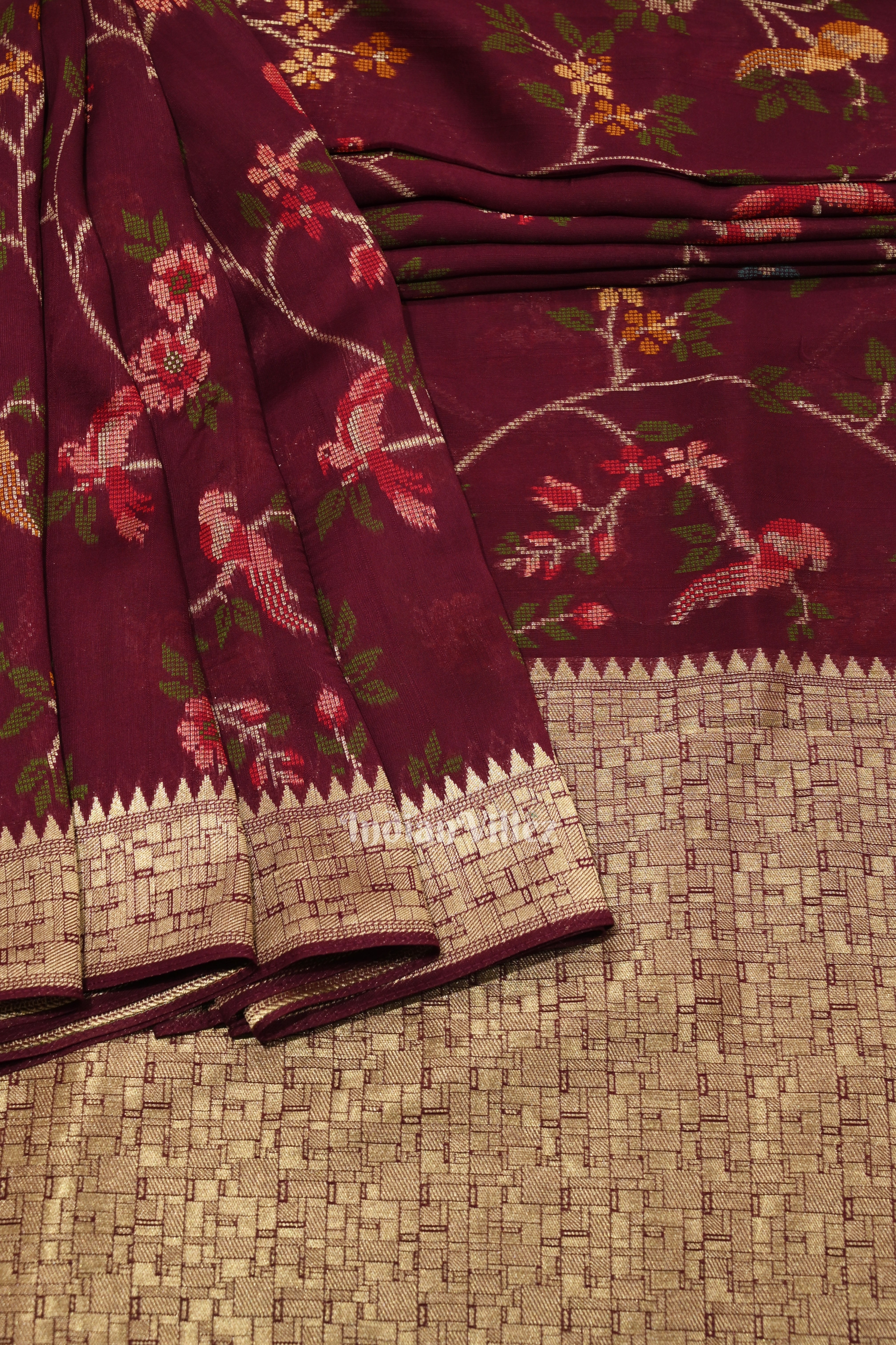 IndianVillèz Wine Brocade Tussar Khaddi Georgette Banarasi Saree