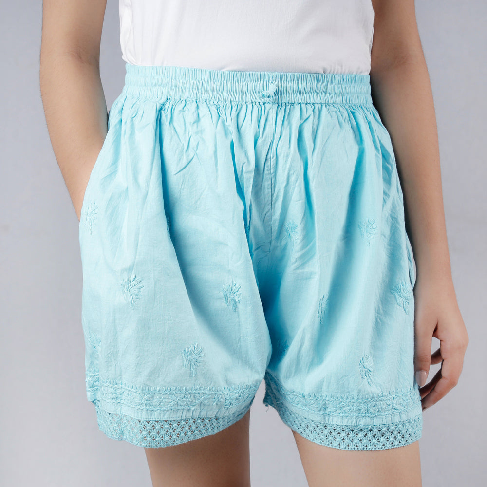CHUTNEY CRAFT STUDIO Blue - Chikankari Embroidery Cotton Short