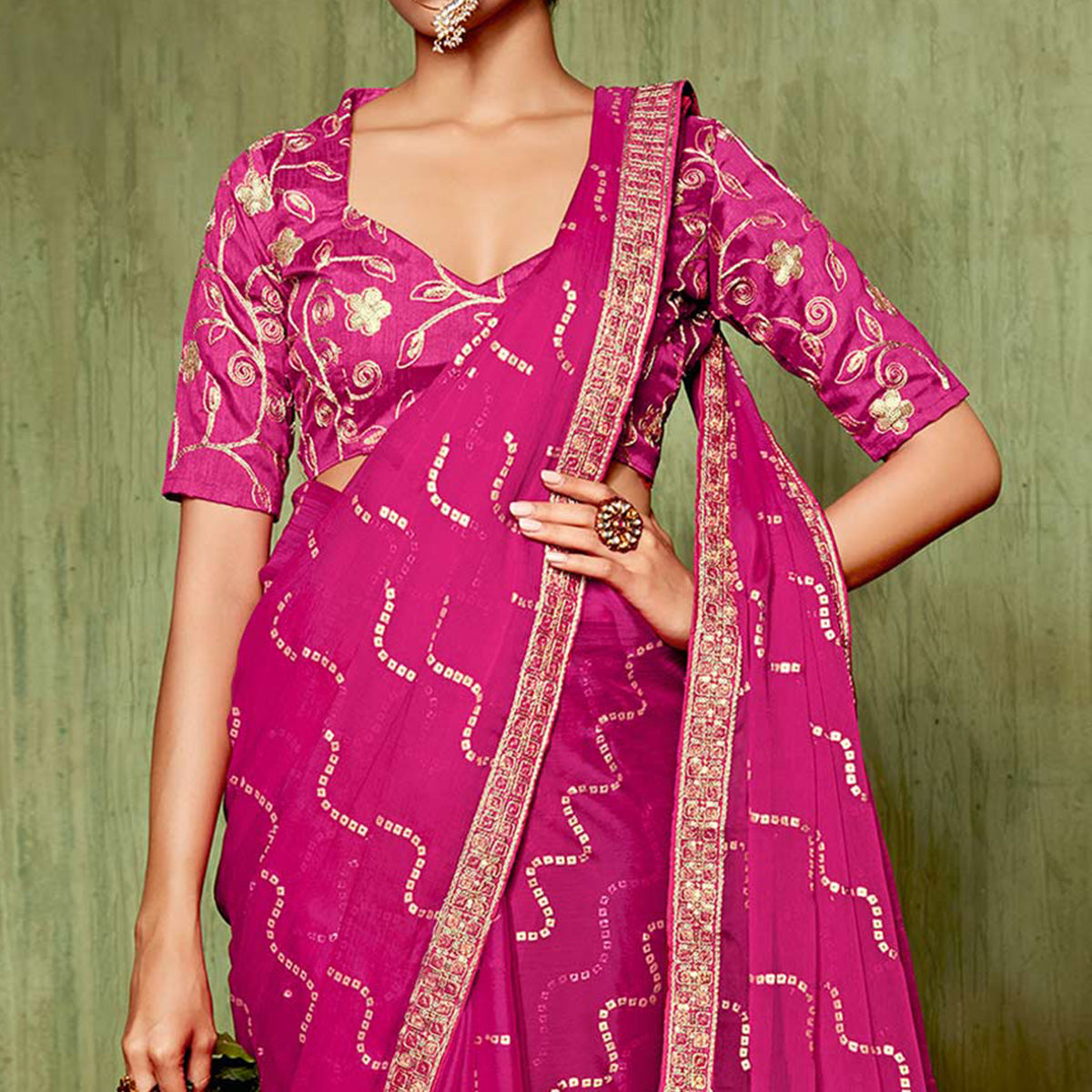 Peachmode Magenta Foil Printed With Embroidered Border Chiffon Saree - view 2