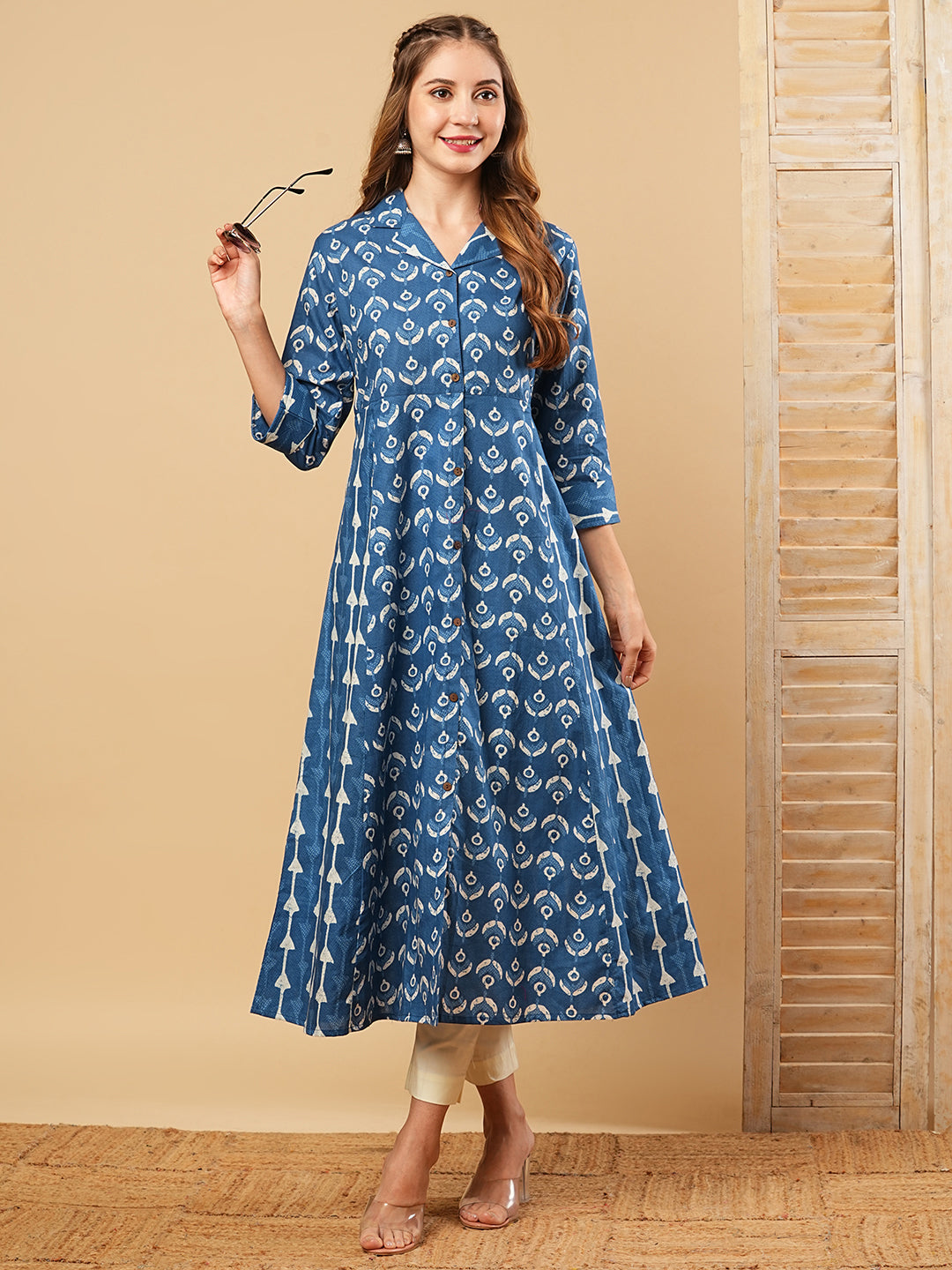 Fashor Ethnic Printed A-Line Paneled Flared Kurta - Blue