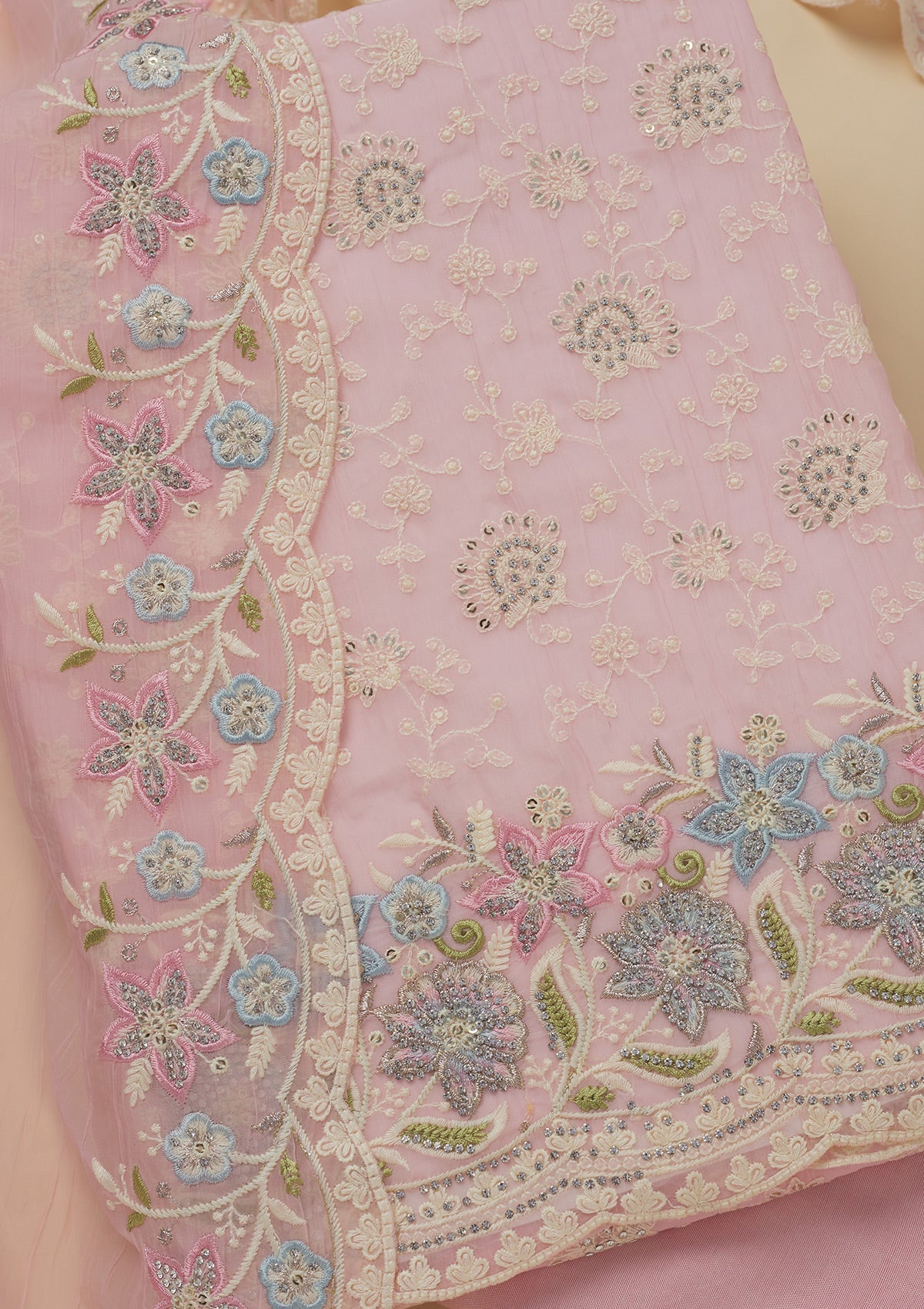 Koskii Baby Pink Threadwork Chiffon Unstitched Salwar Suit - view 2