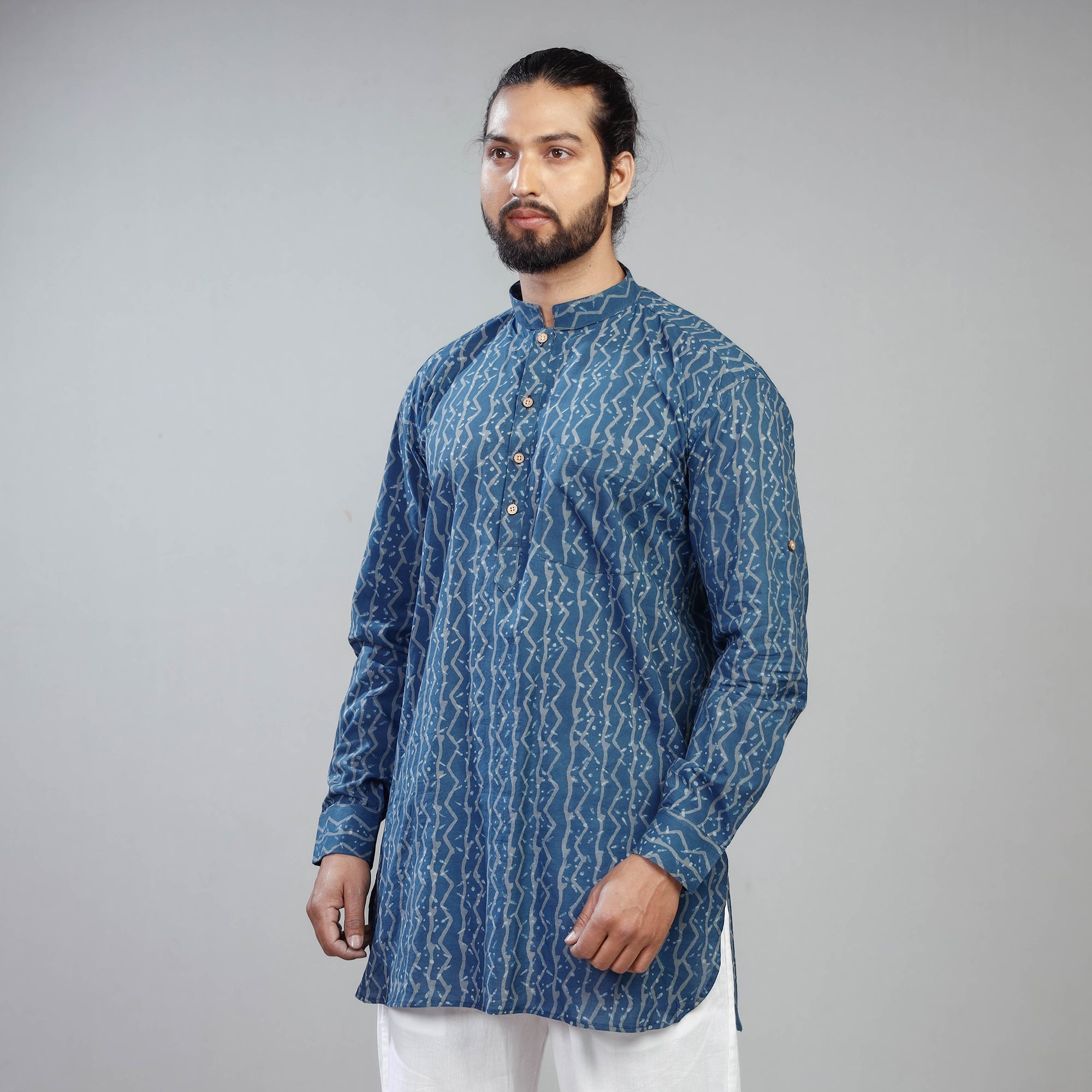 ITOKRI CASUALS Blue - Akola Block Printed Cotton Men Short Kurta - view 2