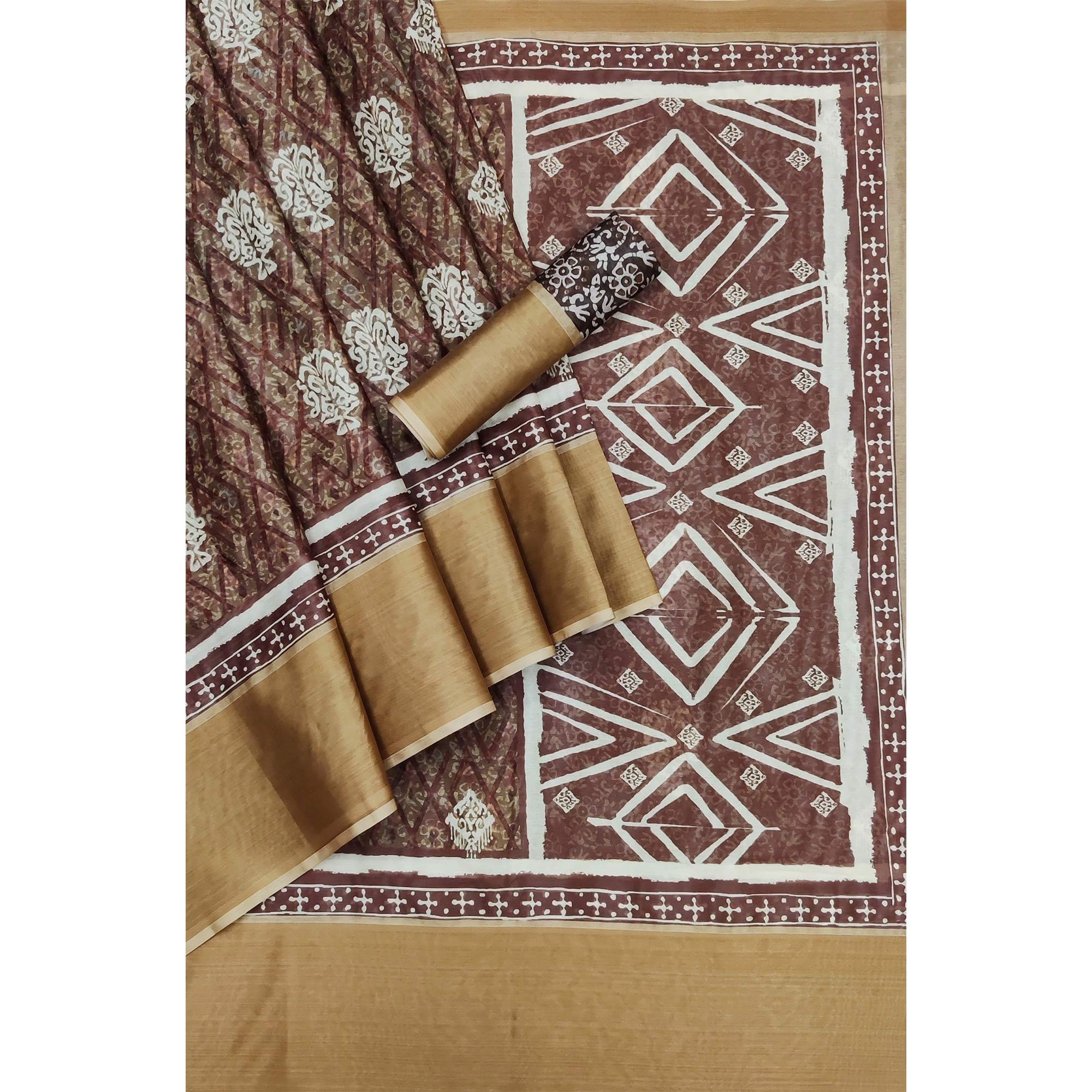 Peachmode Brown Casual Wear Digital Printed Silk Saree With Zari Jacquard Border - view 2