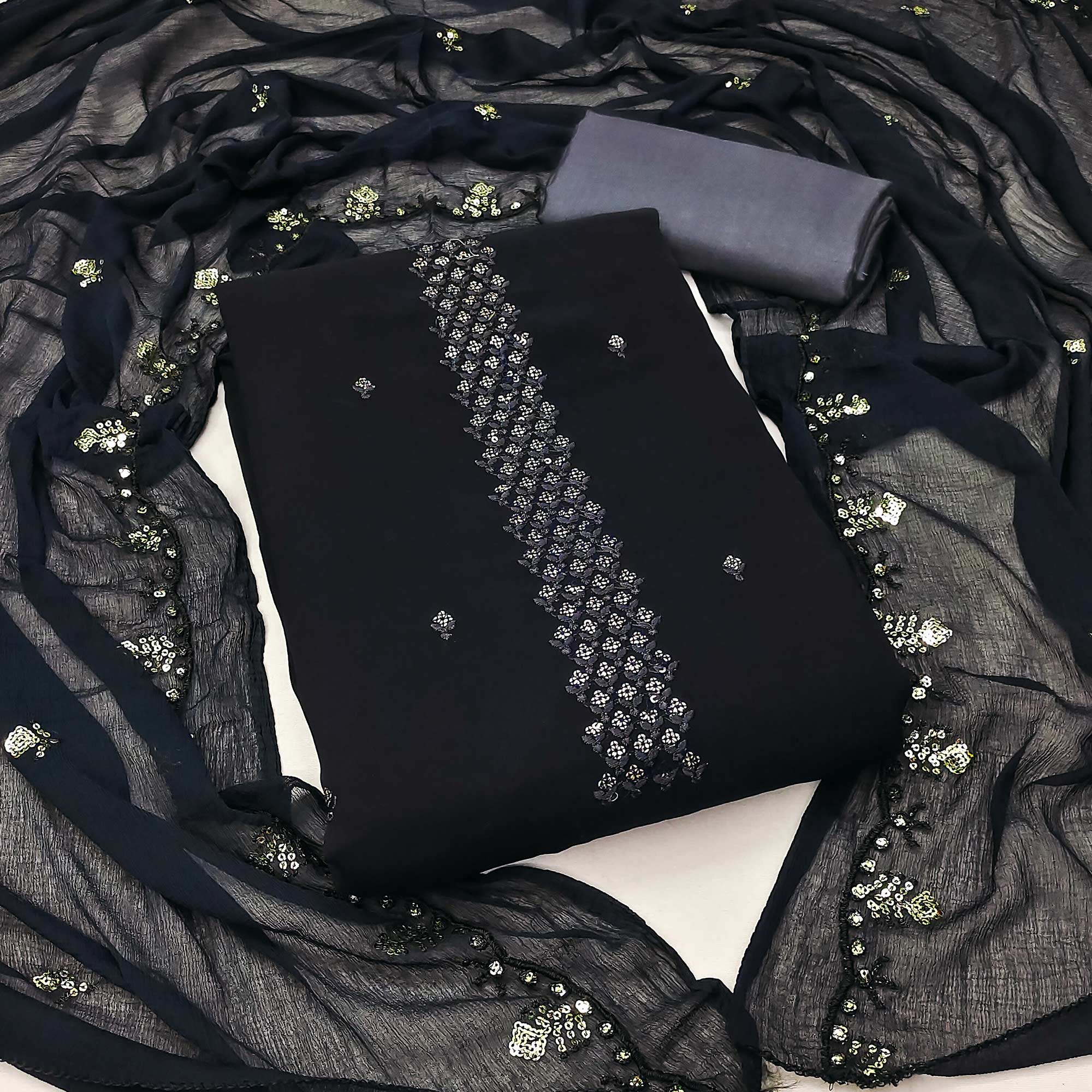 Peachmode Black Floral Sequins Embroidered Georgette Dress Material