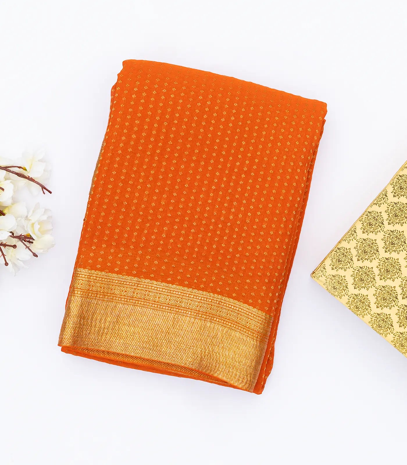 RmKV Orange Mysore Crepe Silk Saree With Floral Motifs & Zari Border - view 4