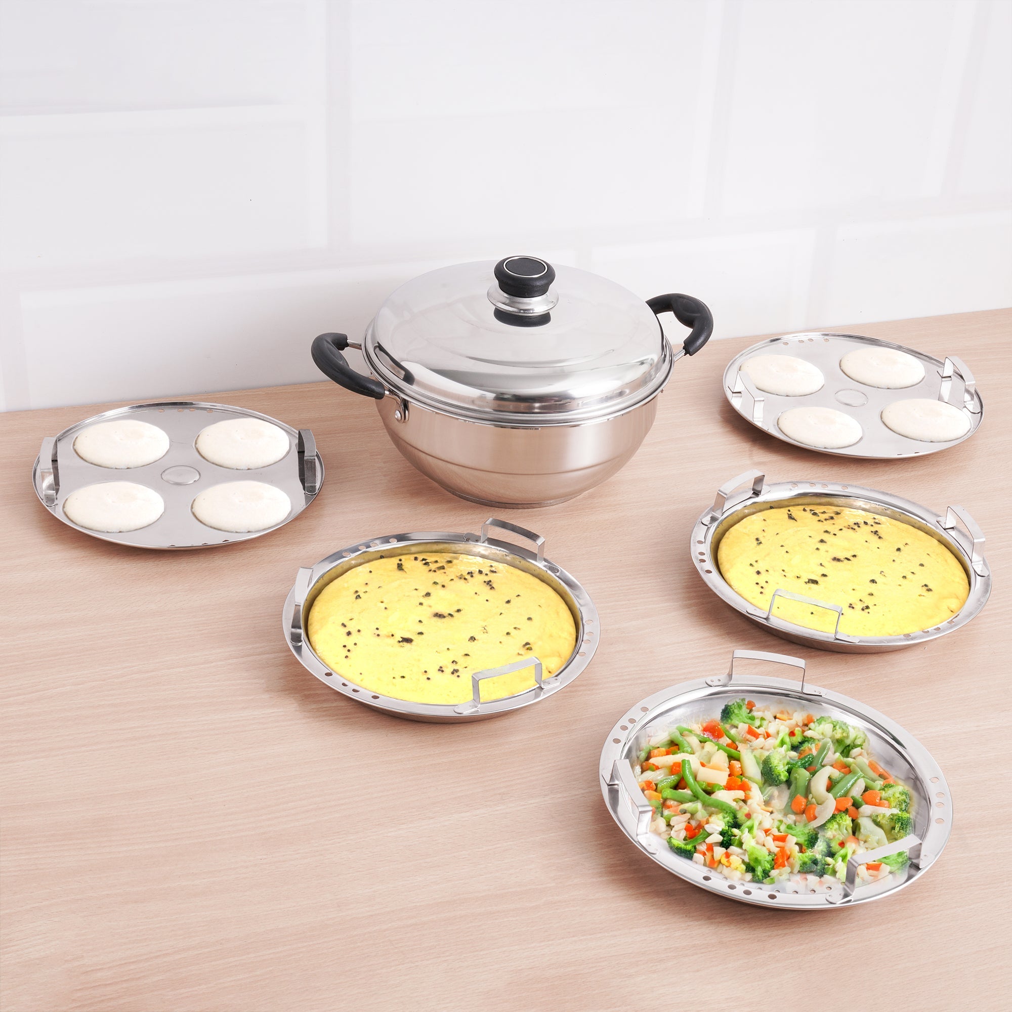 The Indus Valley Tri-Steel Premium Stainless Steel Idli/ Dhokla/ Momo Maker/ Multi Pot/ Veg Steaming Set, Tri-ply Induction Bottom, 5 Plates, 4 pit