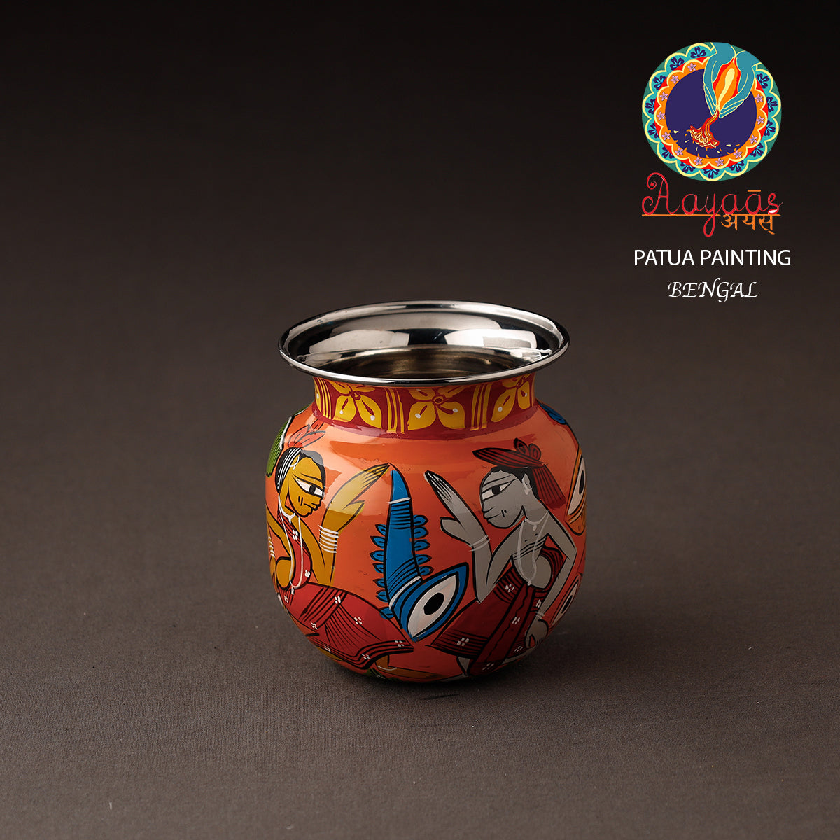 AAYAAS Bengal Patua Handpainted Stainless Steel Lota / Kalash / Container