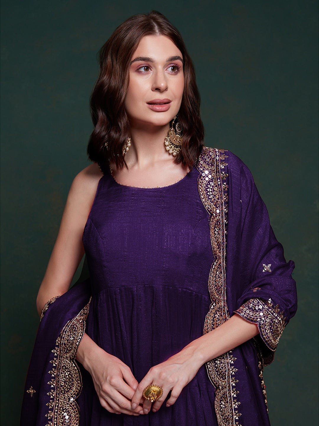 ClothsVilla Purple Silk Gown with Sequins and Zari Embellishments - view 5