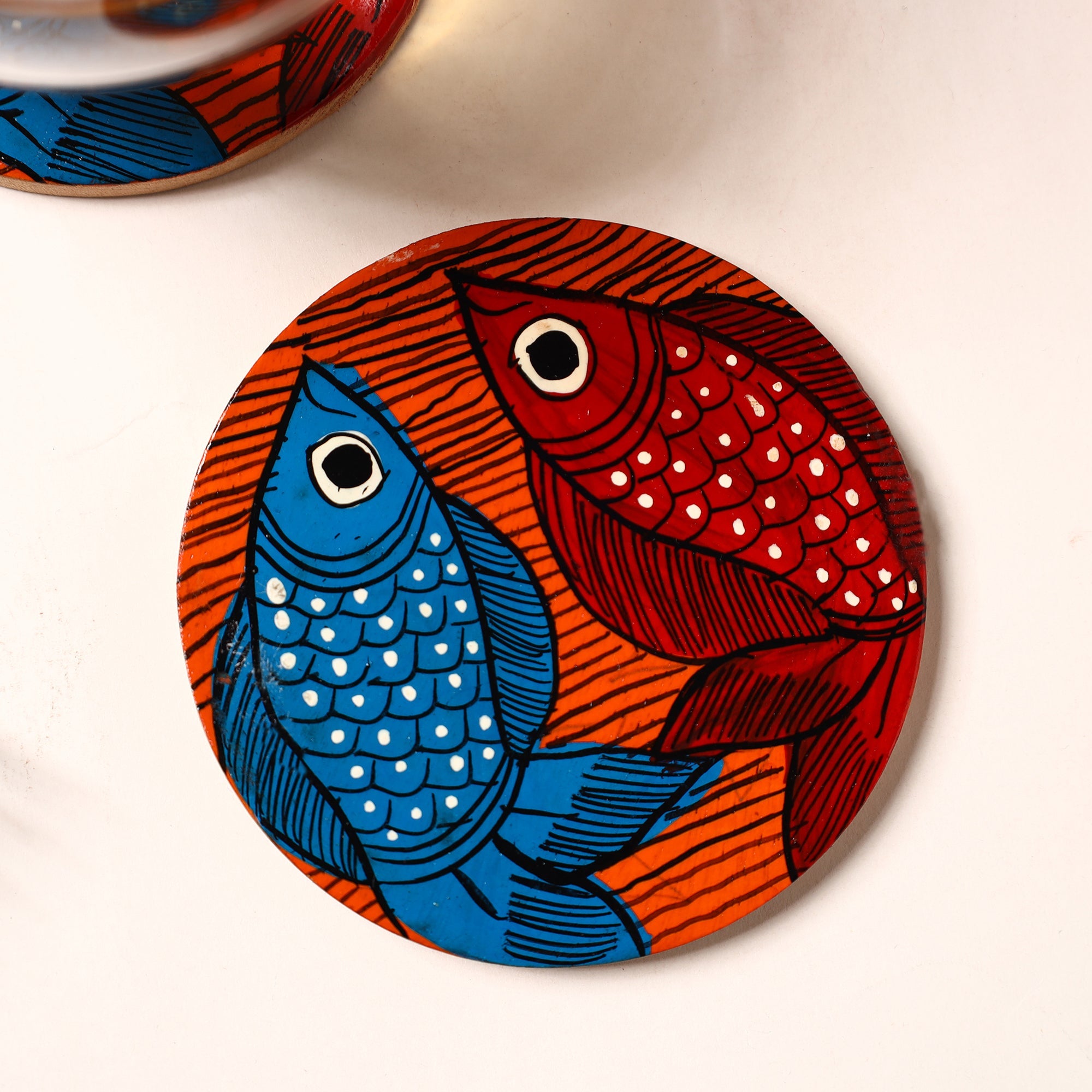 ITOKRI CRAFTS INITIATIVE Bengal Patua Handpainted Akashmoni Wooden Coasters (Set of 4) 09 - view 2