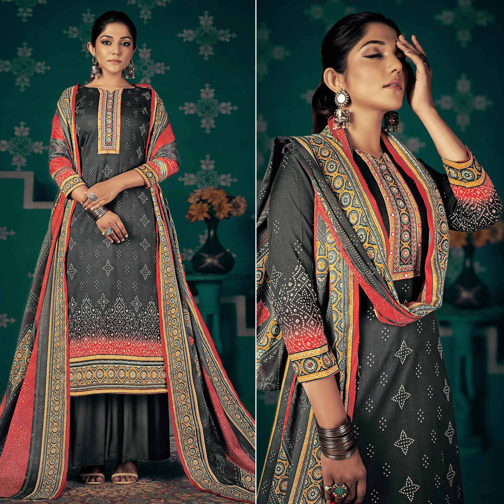 Peachmode Dark Grey Bandhani Printed Pashmina Salwar Suit