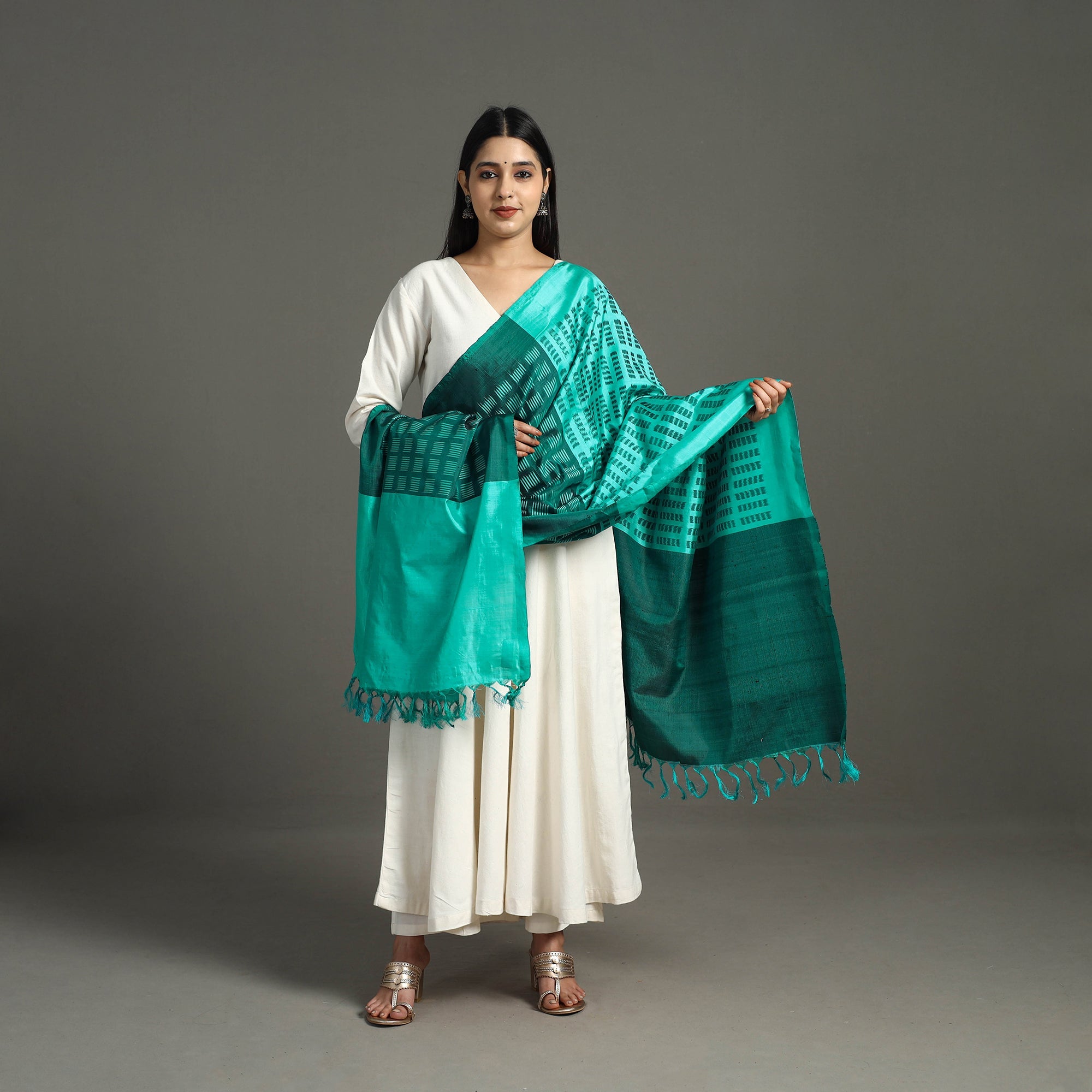 ITOKRI CRAFTS INITIATIVE Green - Handloom Mulberry Silk Pochampally Ikat Dupatta 42