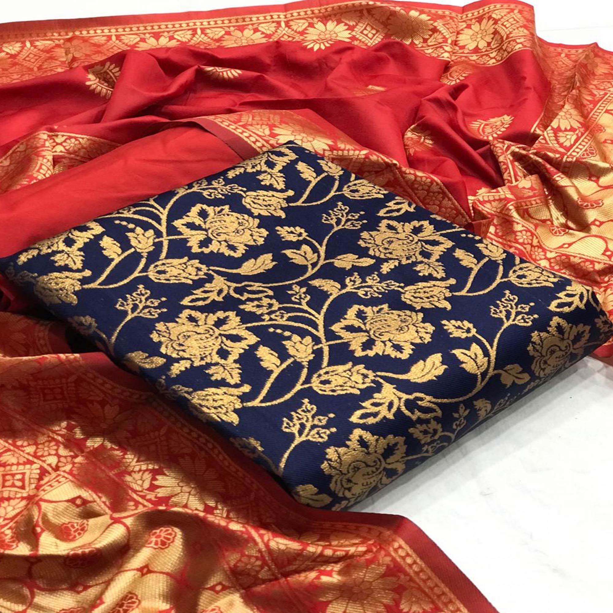 Peachmode Delightful Navy Blue Colored Casual Wear Woven Banarasi Silk Dress Material