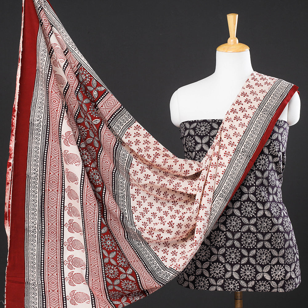 BAGH PRINTS BY MOHAMMED BILAL KHATRI Black - 3pc Natural Dyed Cotton Bagh Print Suit Material Set 11