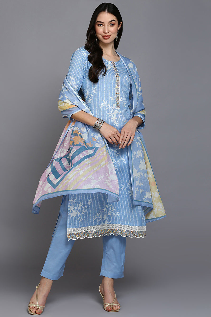 Ahika Blue Cotton Blend Ethnic Motifs Straight Suit Set VKSKD1883