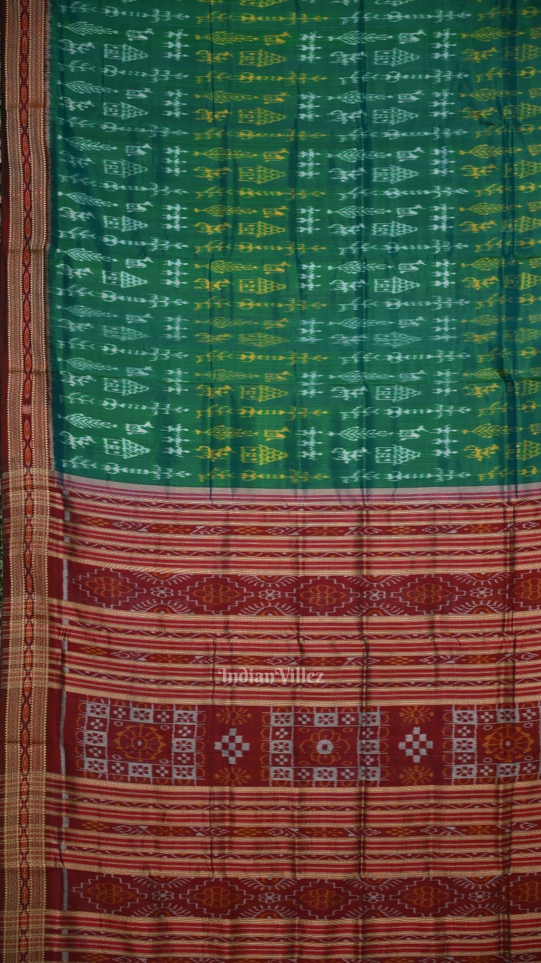 IndianVillèz Green Maroon Tribal Theme Odisha Handloom Khandua Silk Saree - view 2