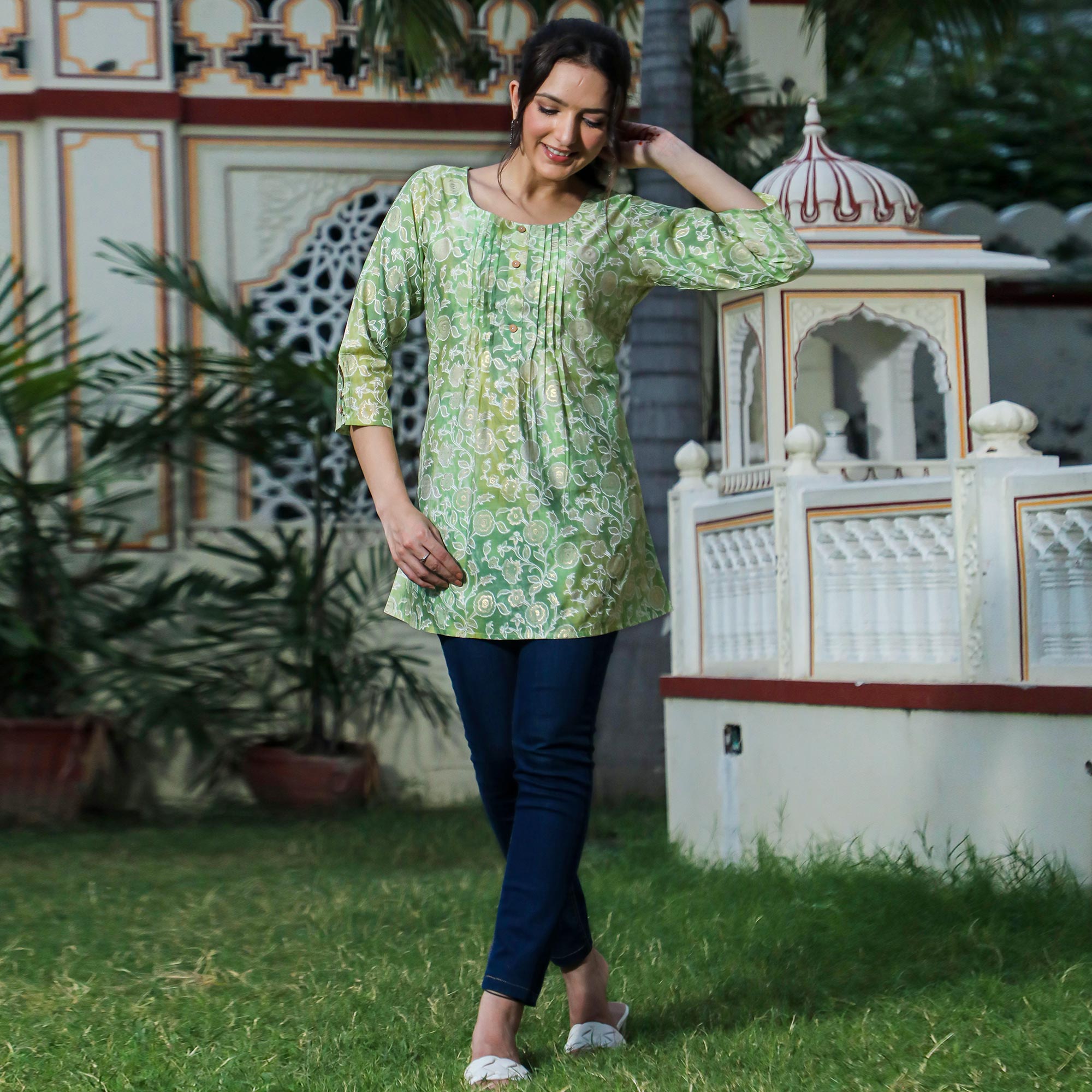 BlackTree green-floral-foil-printed-modal-top - view 5