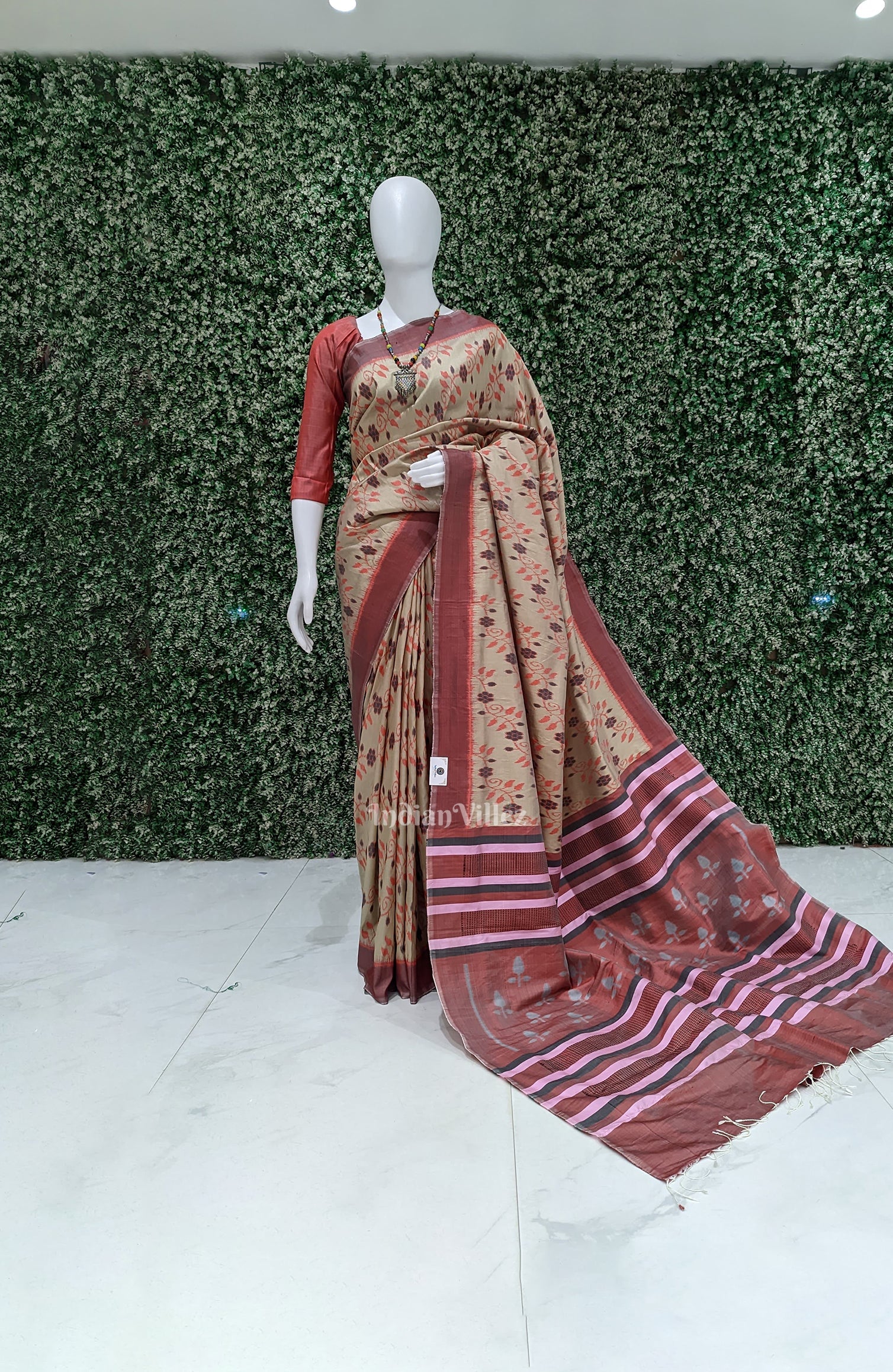 IndianVillèz Varnish Red Dali Theme Odisha Ikat Contemporary Silk Saree