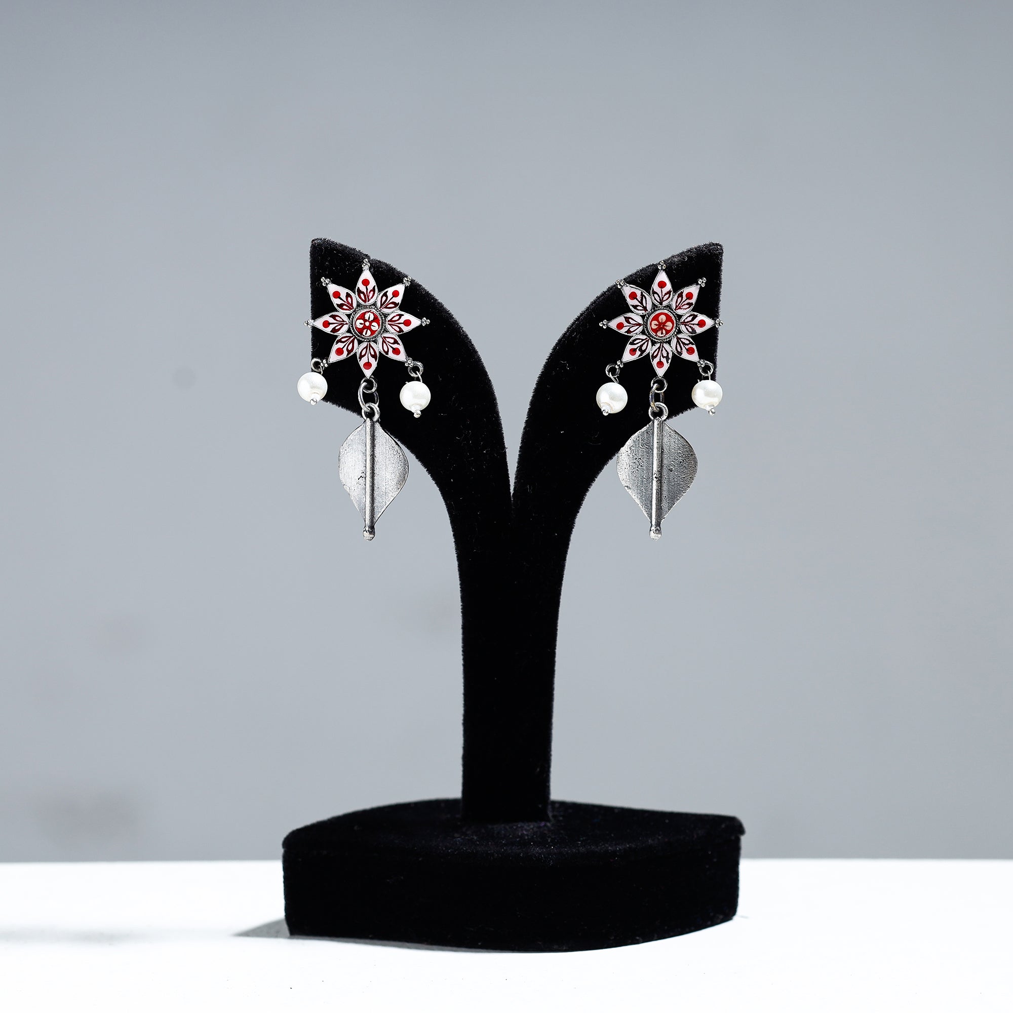 WHITE RIVER STORIES Antique Silver Finish Oxidised Brass Base Enamel Work Earrings