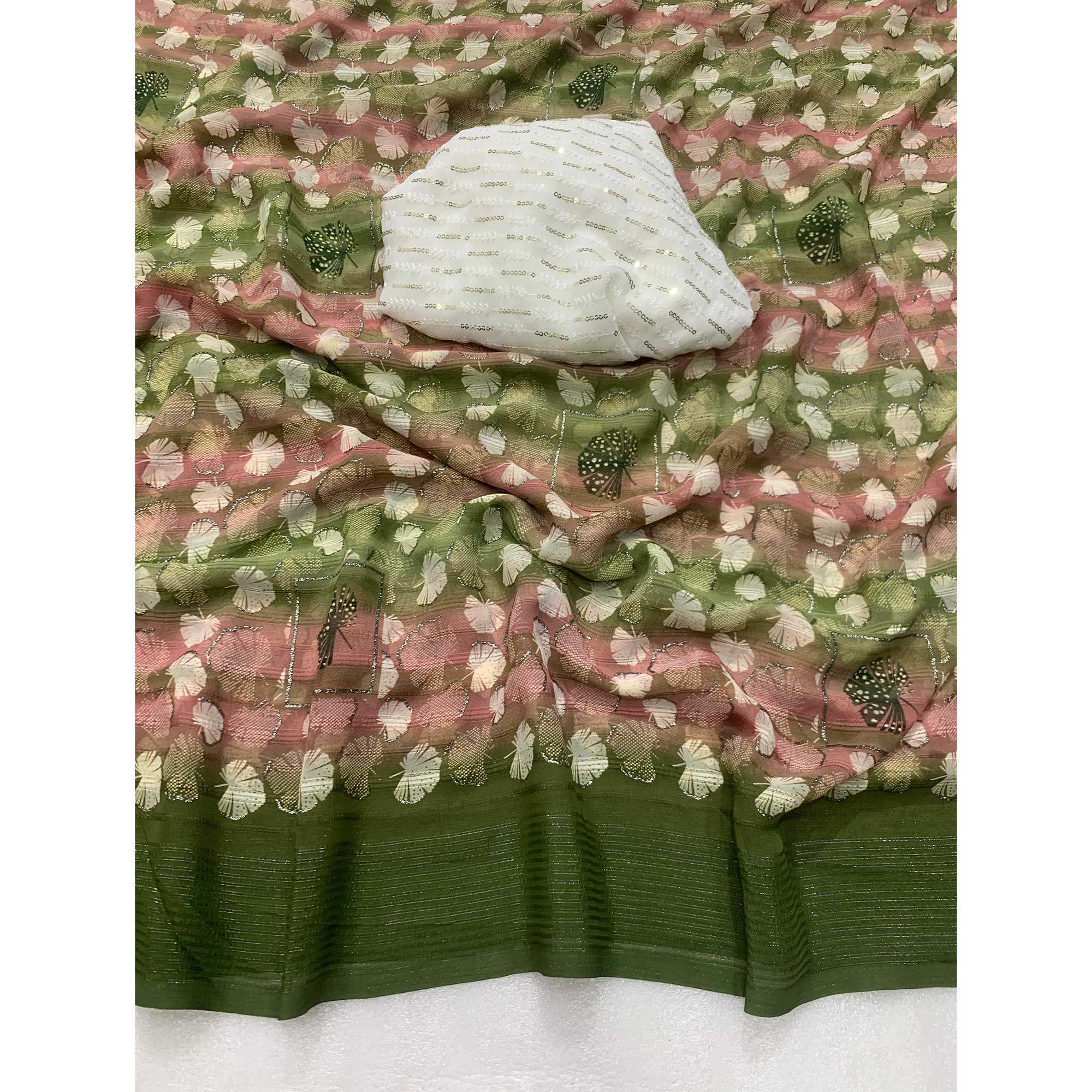 BlackTree green-floral-foil-printed-georgette-saree-with-tassels-5 - view 3