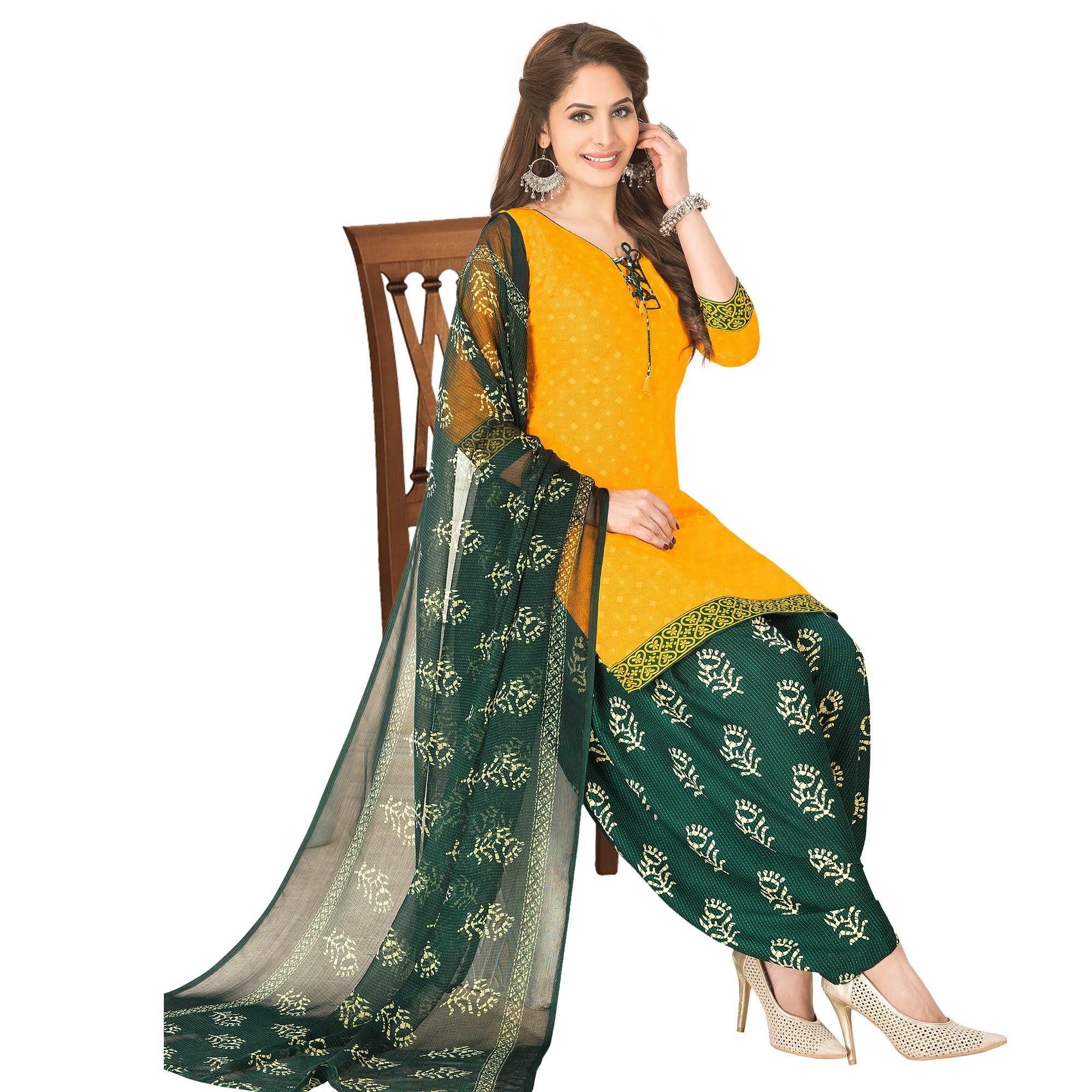 Peachmode Mesmeric Yellow Colored Casual Wear Printed Crepe Patiala Dress Material