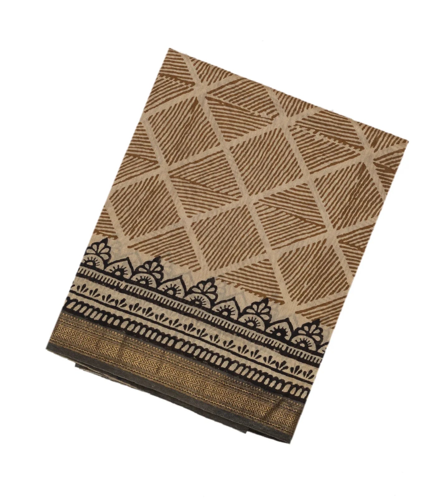 RmKV Beige Handloom Chanderi Cotton Saree With Printed Diamond Motifs