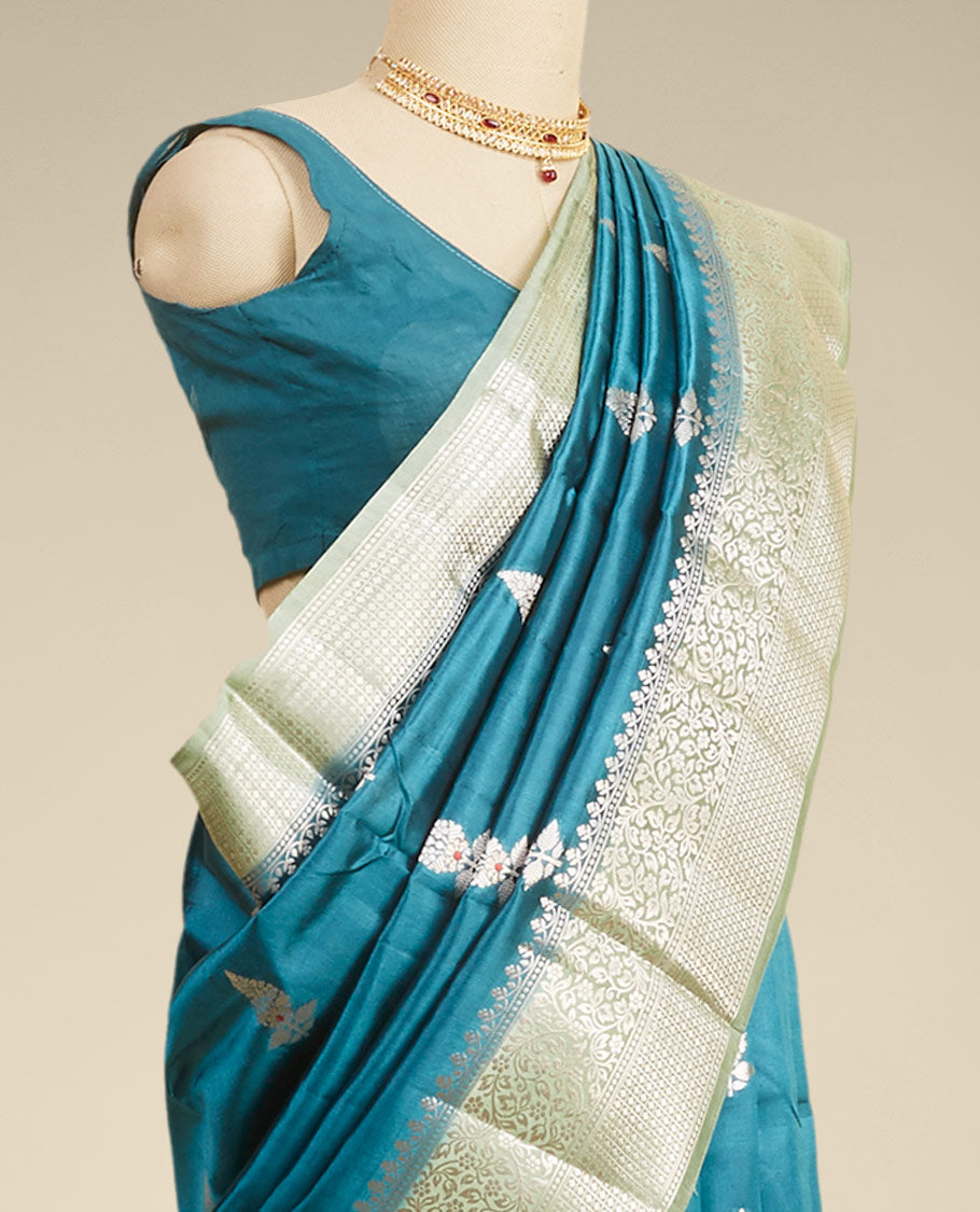 Pothys Blue floral motifs dupion silk saree with contrast zari border