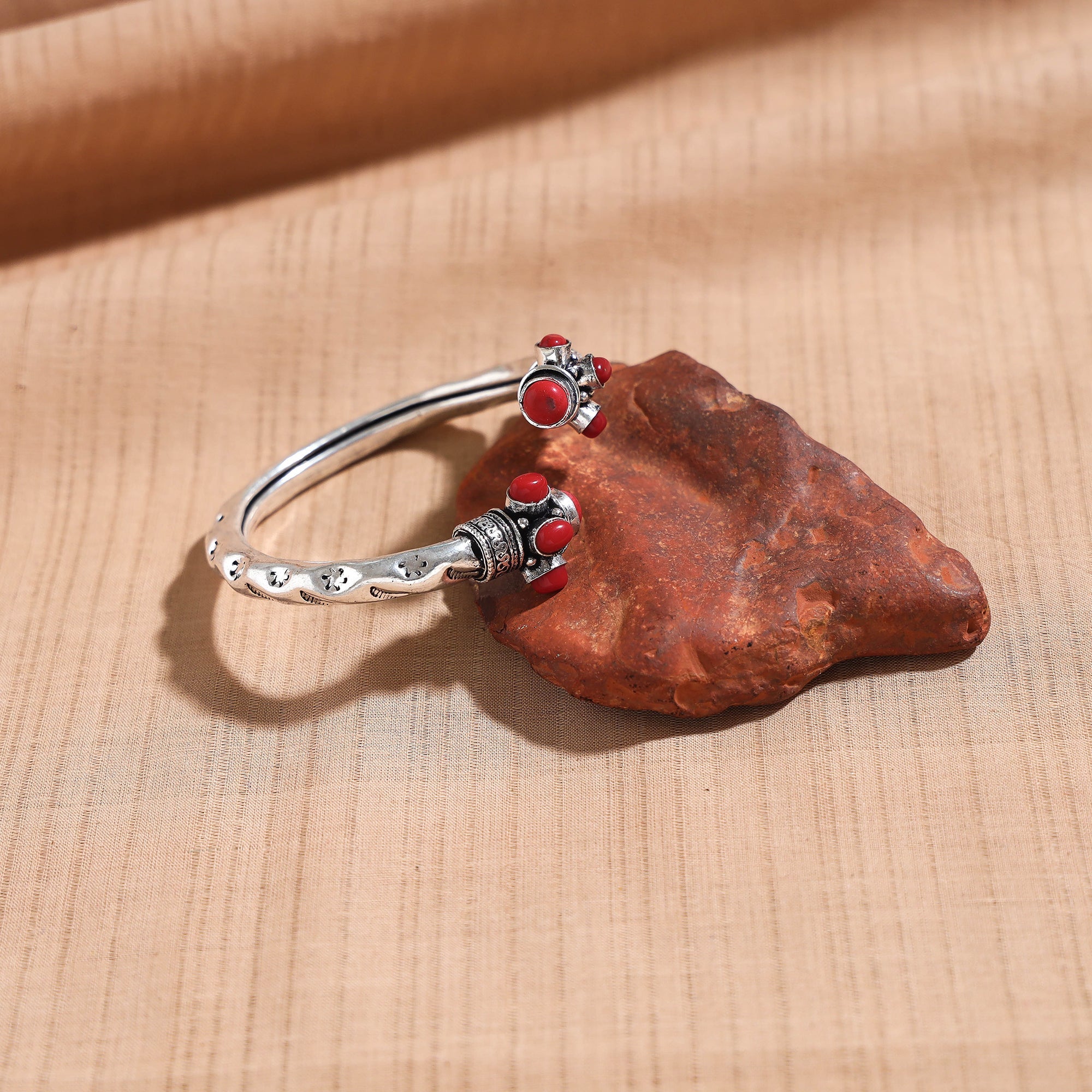 WHITE RIVER STORIES Antique Finish Oxidised German Silver Stone Bangle / Kada (Adjustable)