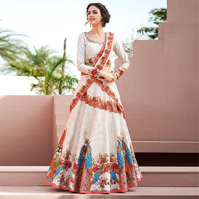 Peachmode Dazzling Off-White Colored Designer Partywear Embroidered Silk Lehenga Choli - view 4