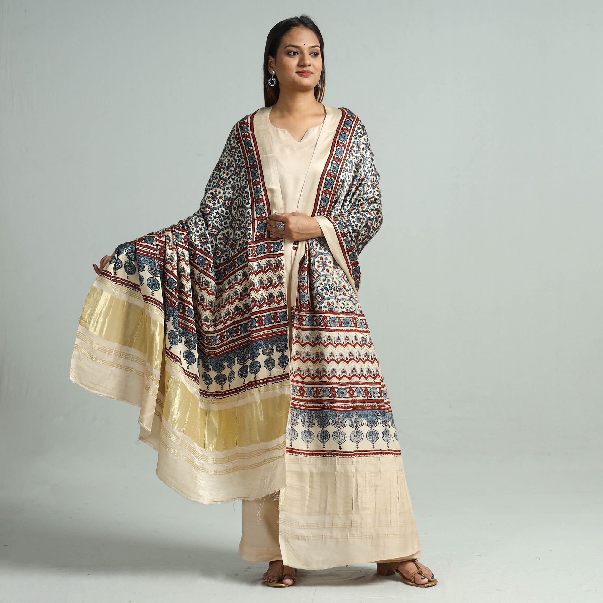 KACHCHH JI CHHAAP Beige - Modal Silk Block Print Ajrakh Dupatta 121