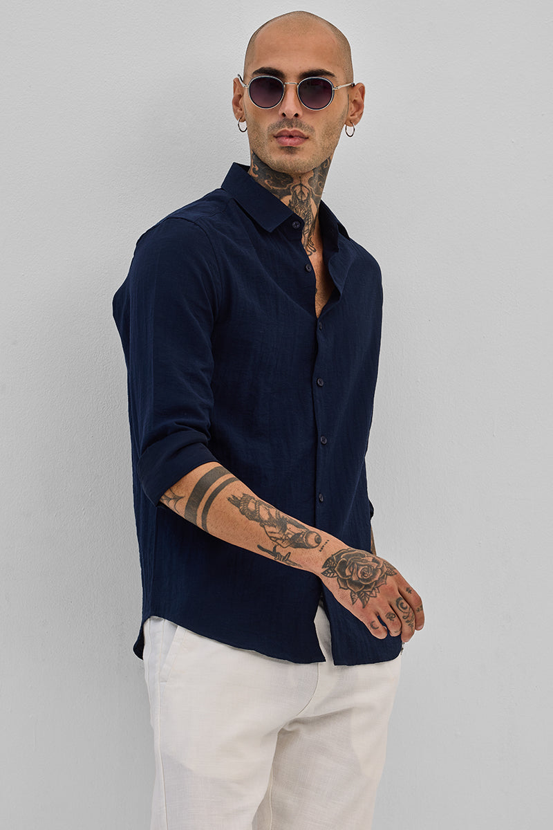SNITCH Navy Slim Fit Linen Shirt - view 5