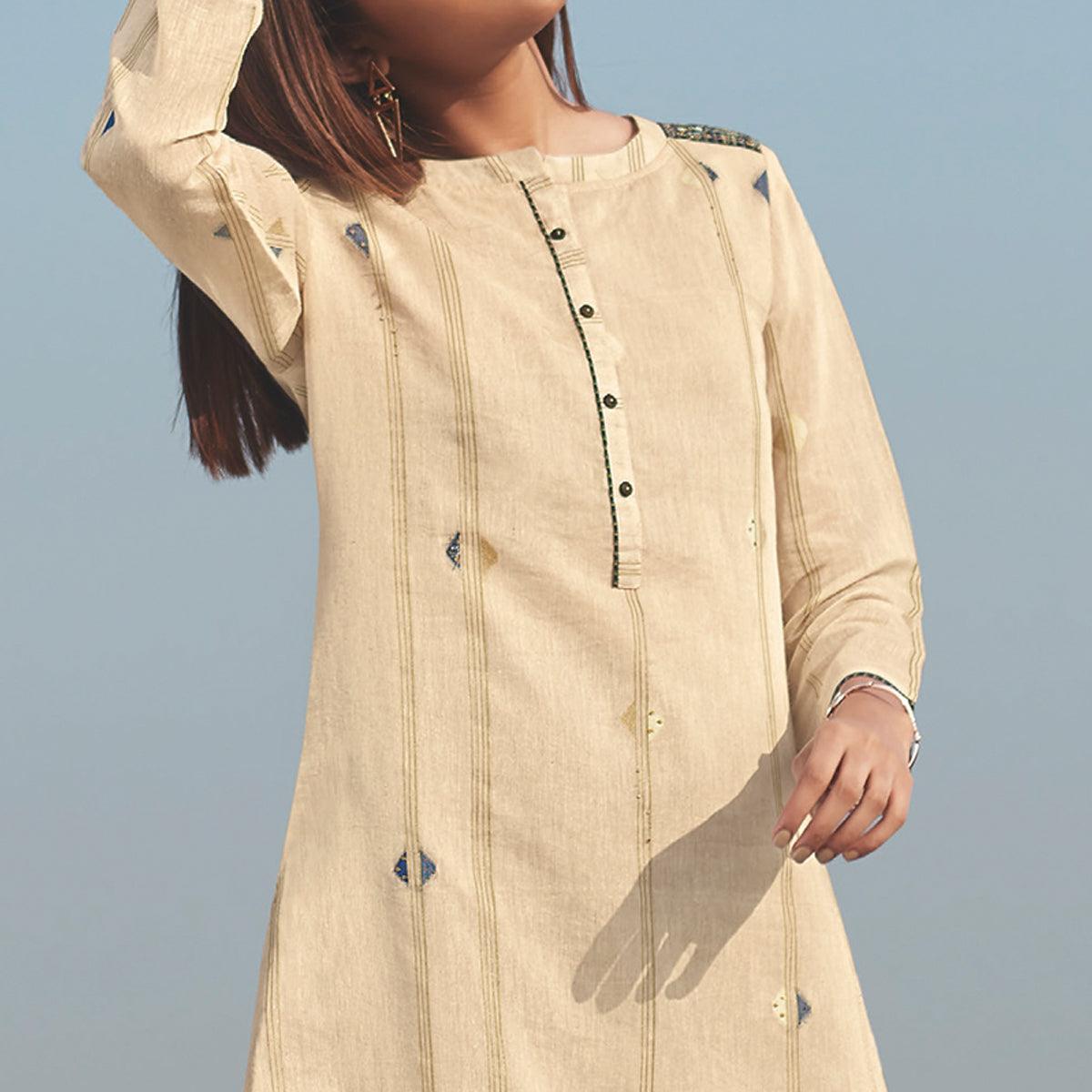 Peachmode Seller Captivating Beige Colored Party Wear Handwork Handloom Cotton Kurti-Pant Set - view 2