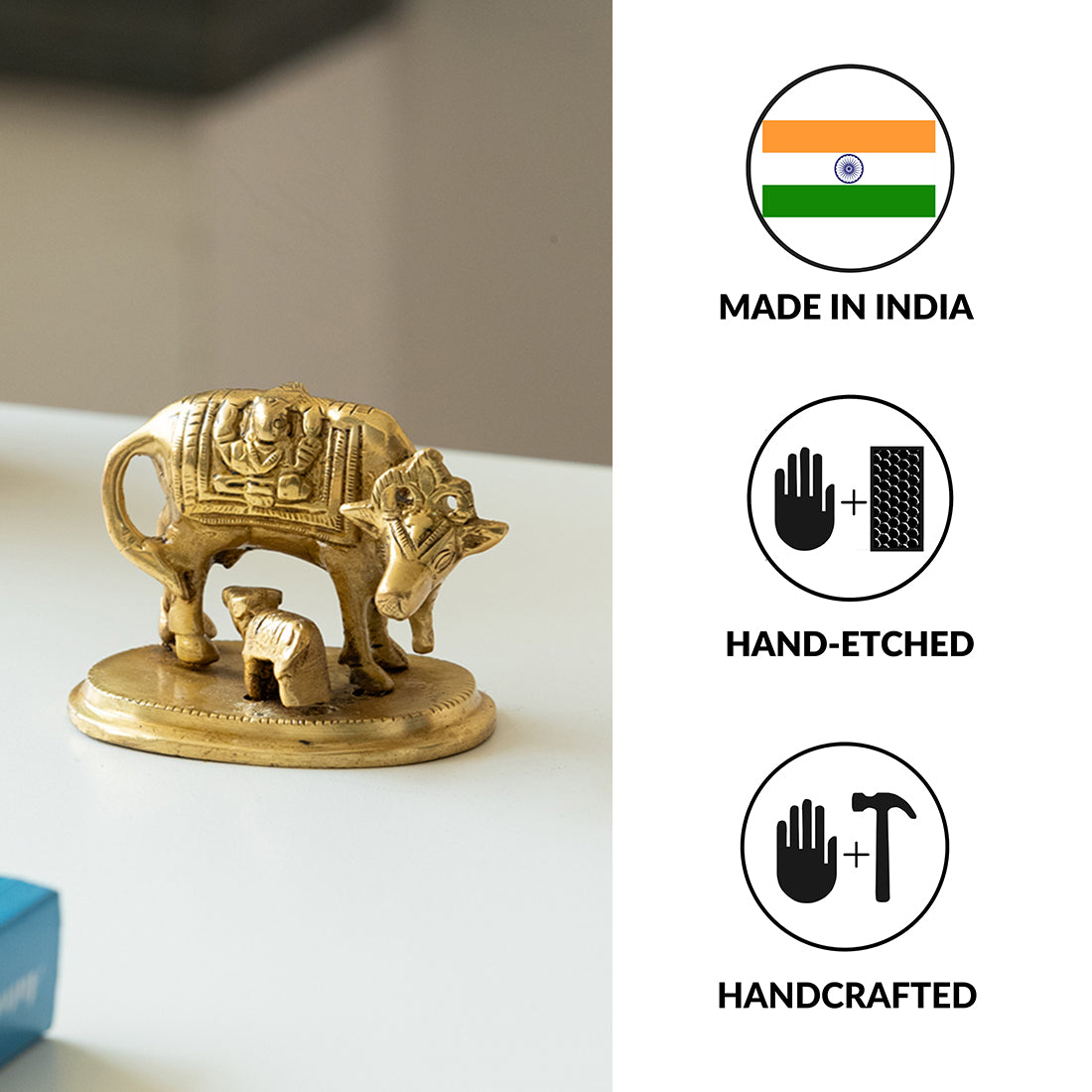 EXCLUSIVELANE 'Kamdhenu Cow With Calf' Brass Showpiece Idol (Hand-Etched, 0.3 Kg) - view 7
