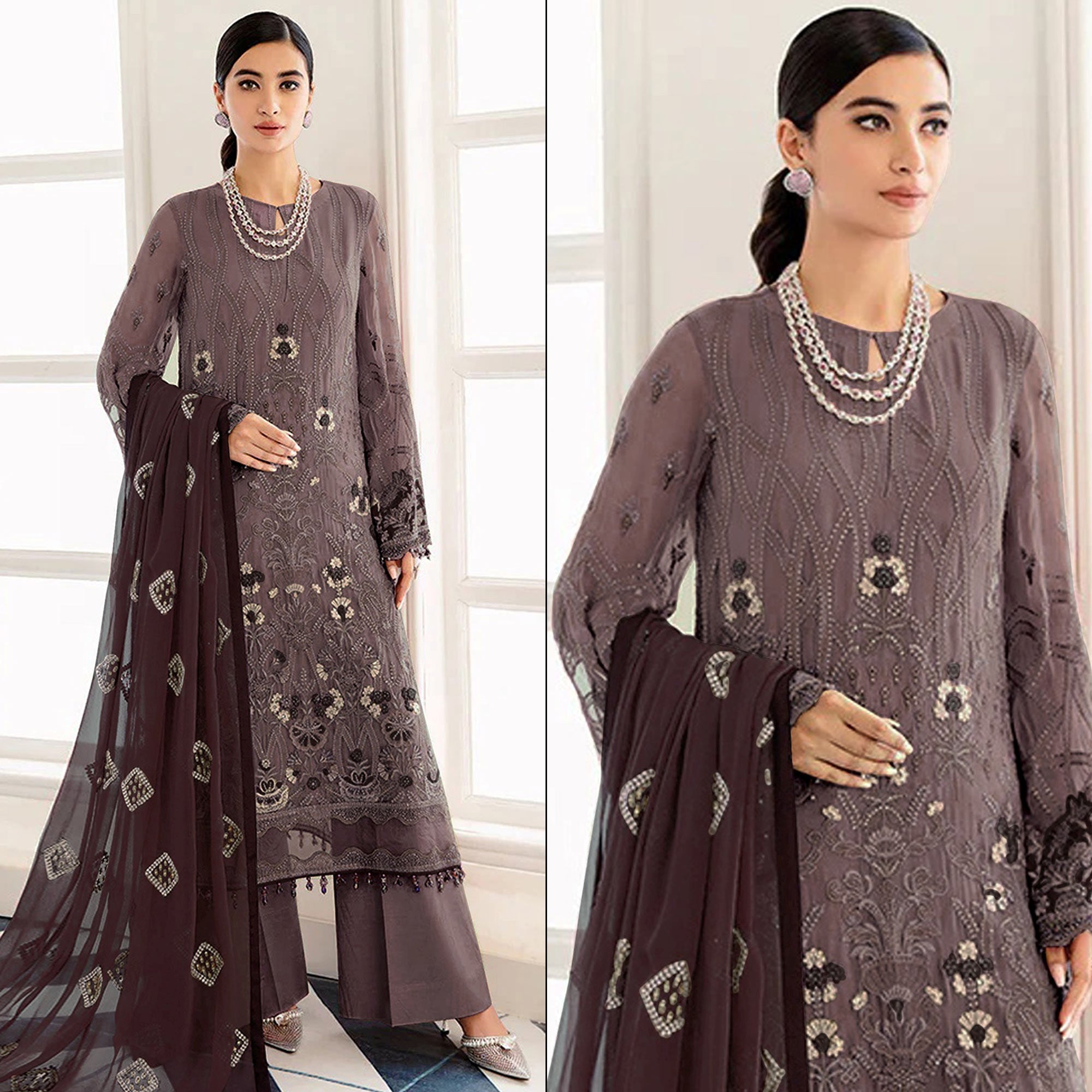 Peachmode Mauve Embroidered Georgette Semi Stitched Pakistani Suit
