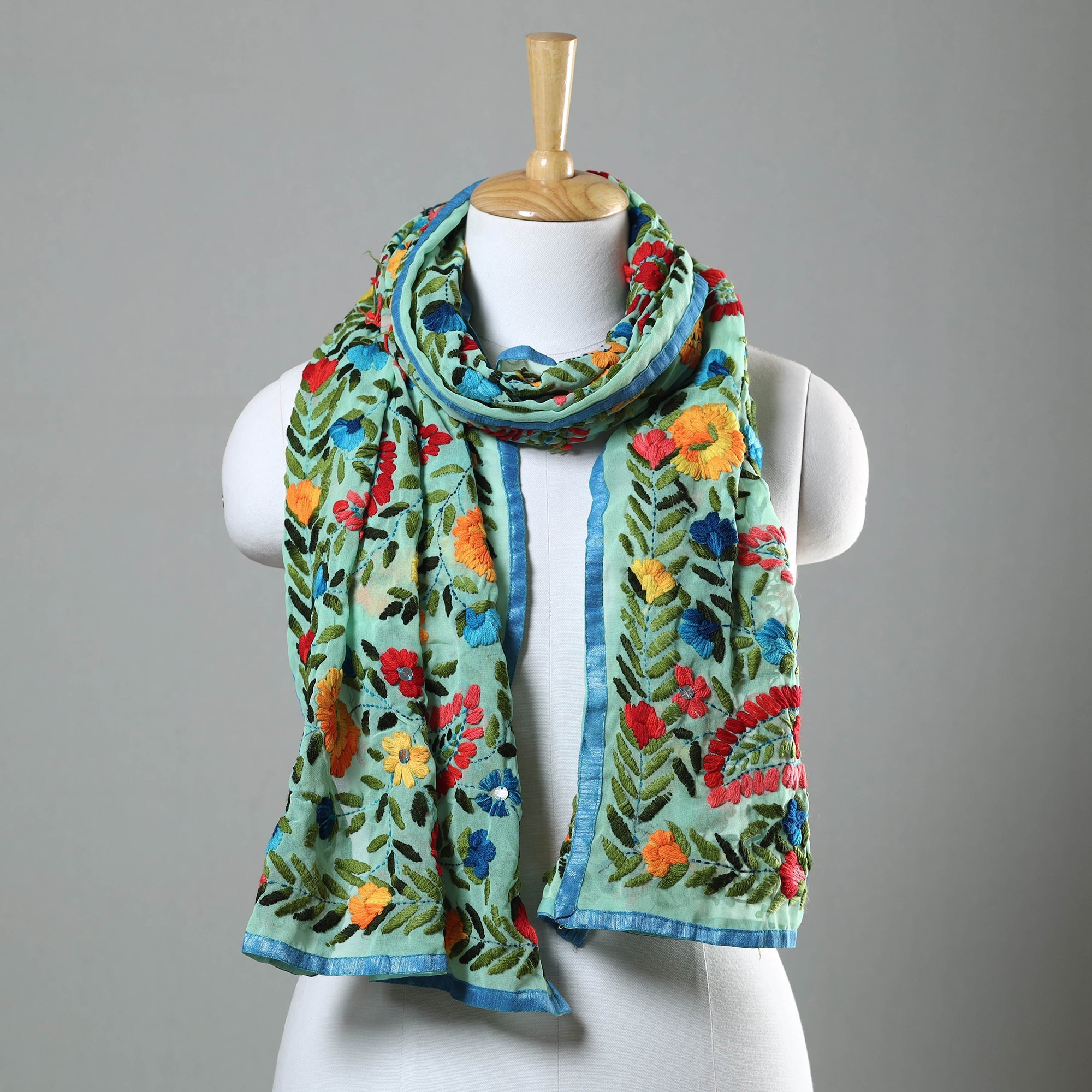 ITOKRI CRAFTS INITIATIVE Green - Ranihati Chapa Work Phulkari Embroidery Georgette Stole