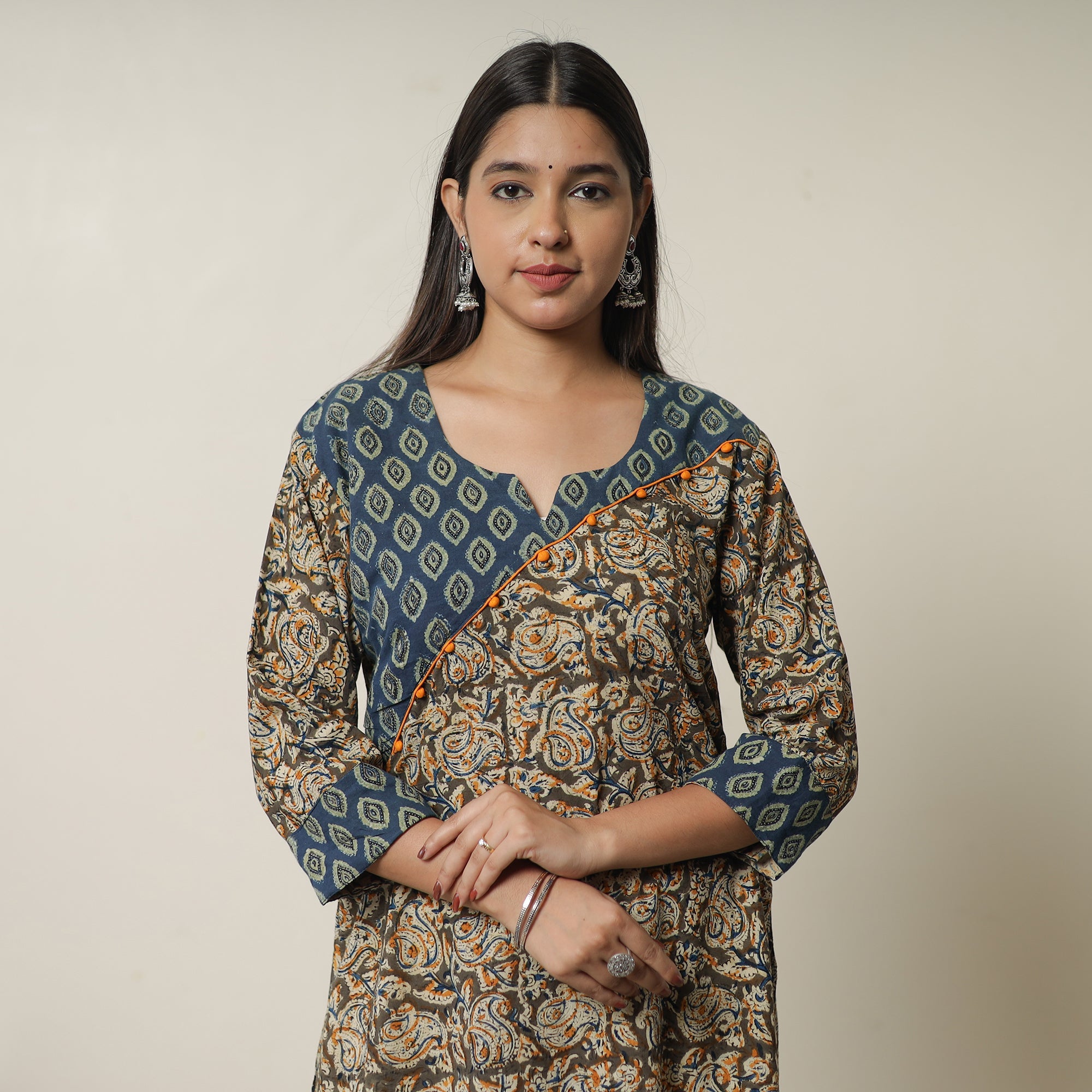 ITOKRI CASUALS Brown - Pedana Kalamkari Block Printed Cotton Short Kurta with Ajrakh Patchwork 05