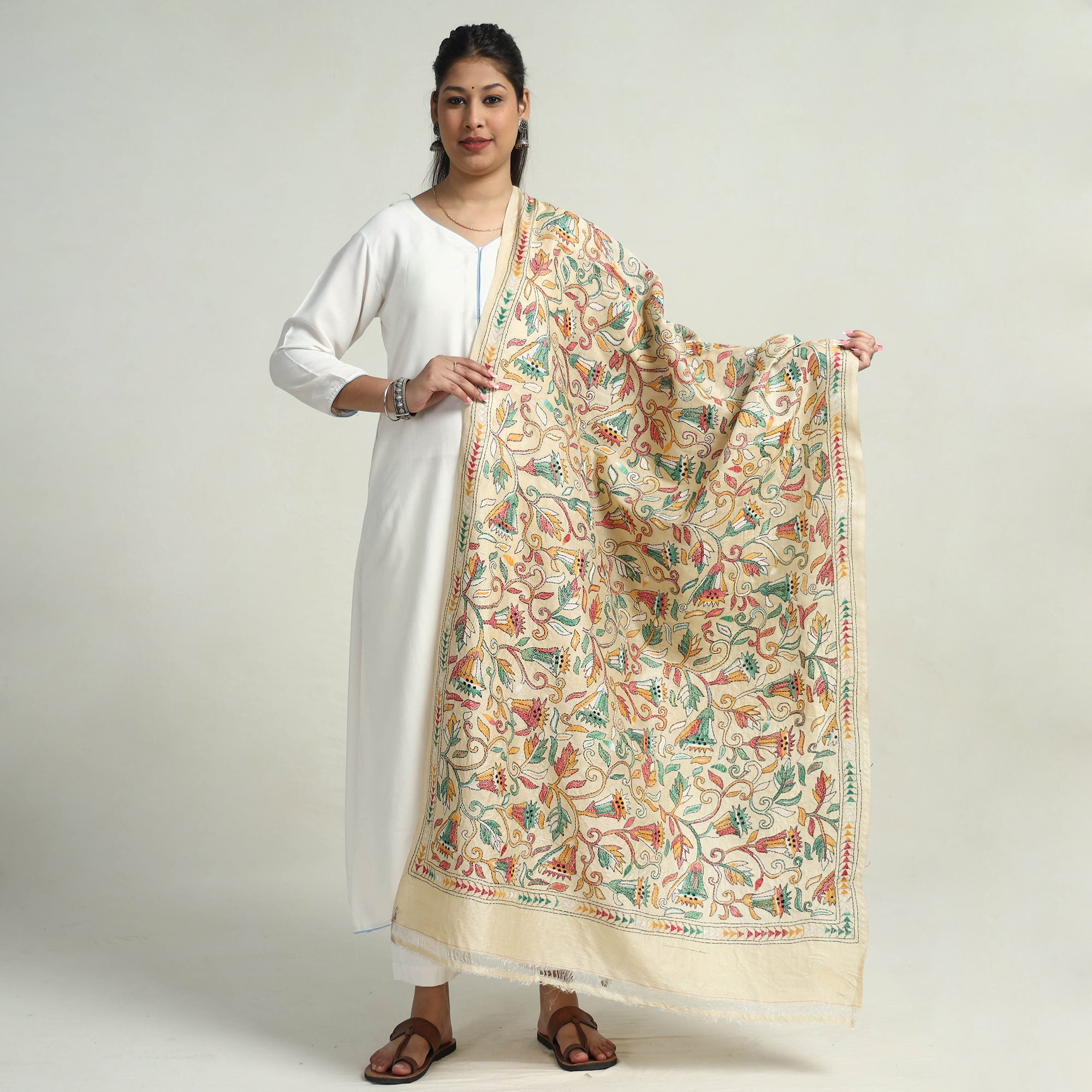 KHUSHBASH - HAPPY LOOM OF EAST Beige - Bengal Kantha Hand Embroidery Tussar Silk Cotton Handloom Dupatta 14