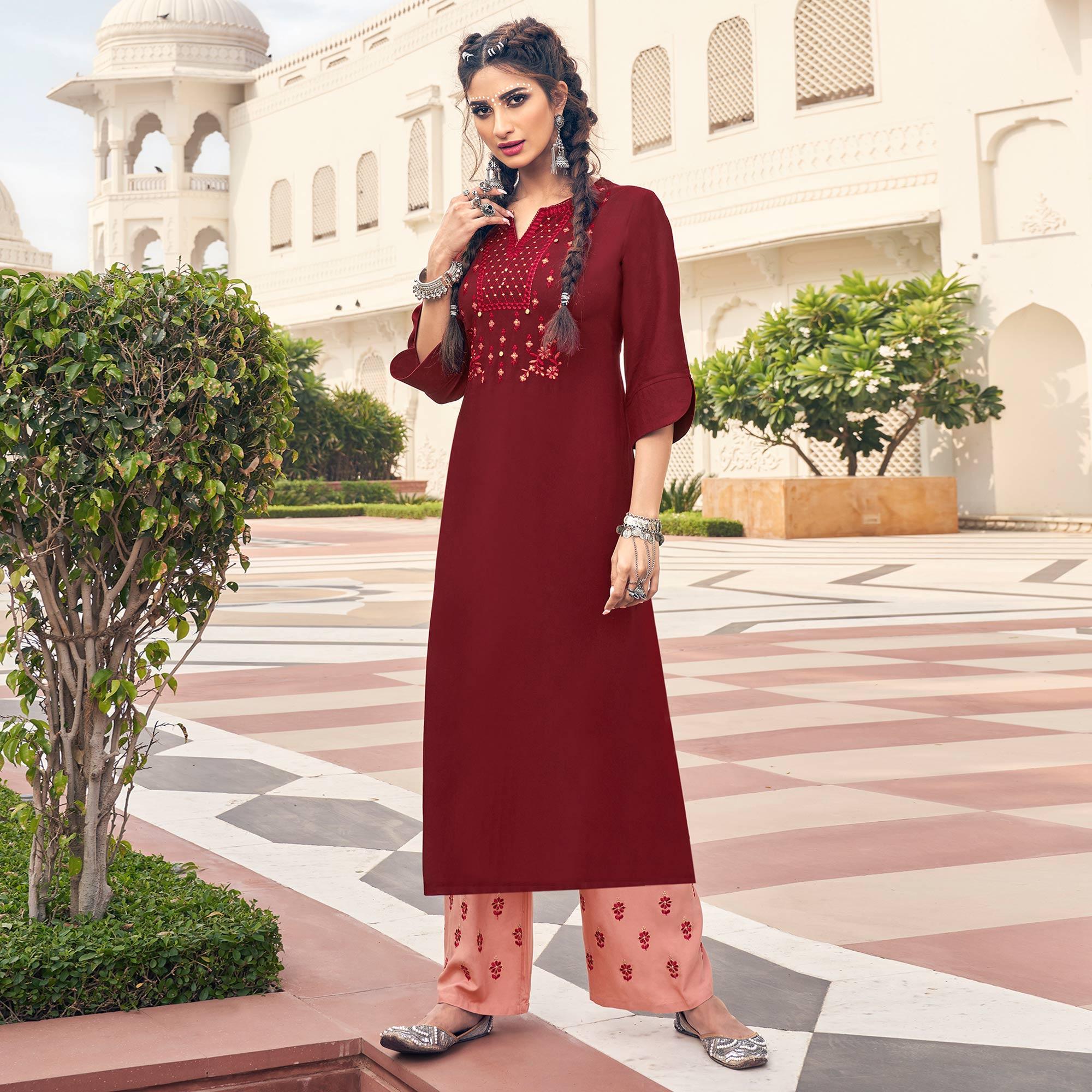 Peachmode Seller Maroon Casual Wear Embroidered Heavy Rayon Kurti - Palazzo Set