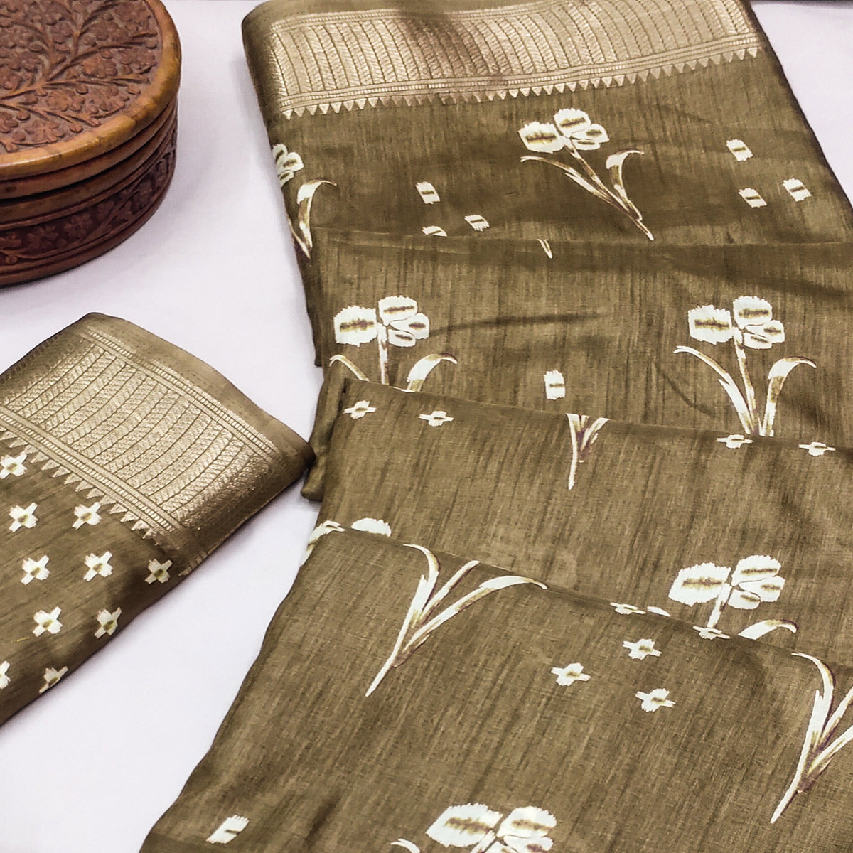 Peachmode Mehandi Green Floral Printed Dola Silk Saree - view 2
