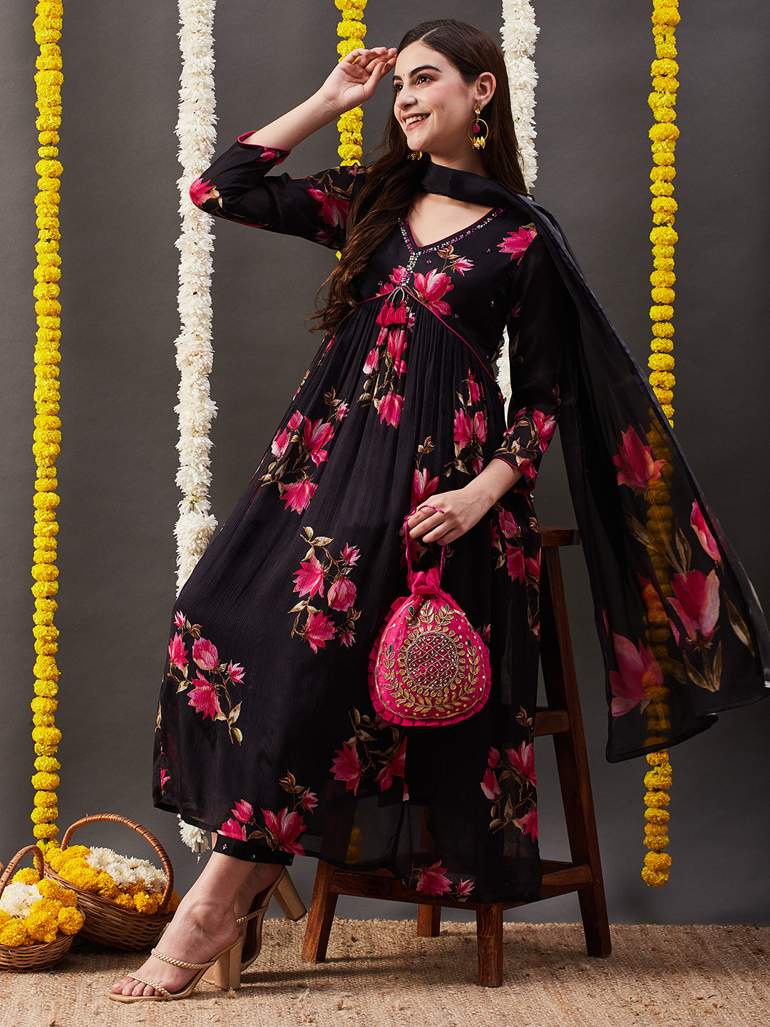 Fashor Floral Printed Sequins Embroidered Pleated Flared Kurta with Pants & Dupatta - Black