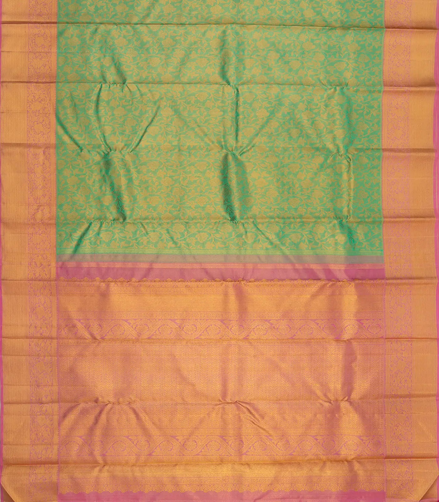 RmKV Aquamarine Handwoven Kanchipuram Korvai Tissue Silk Saree With Floral Vine Motifs & Contrast Pink Border, Pallu-Aquamarine - view 2